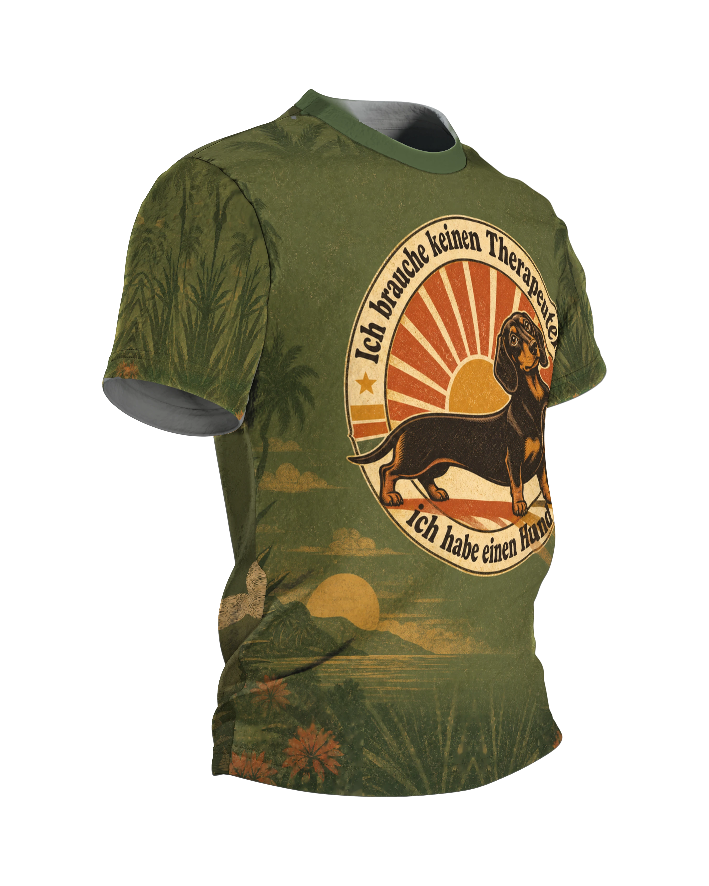 Dackel Spruch T-Shirt: „Ich brauche keinen Therapeuten, ich habe einen Hund“, Retro-Sonne mit Palmen, rundum bedruckt, Seitenansicht links