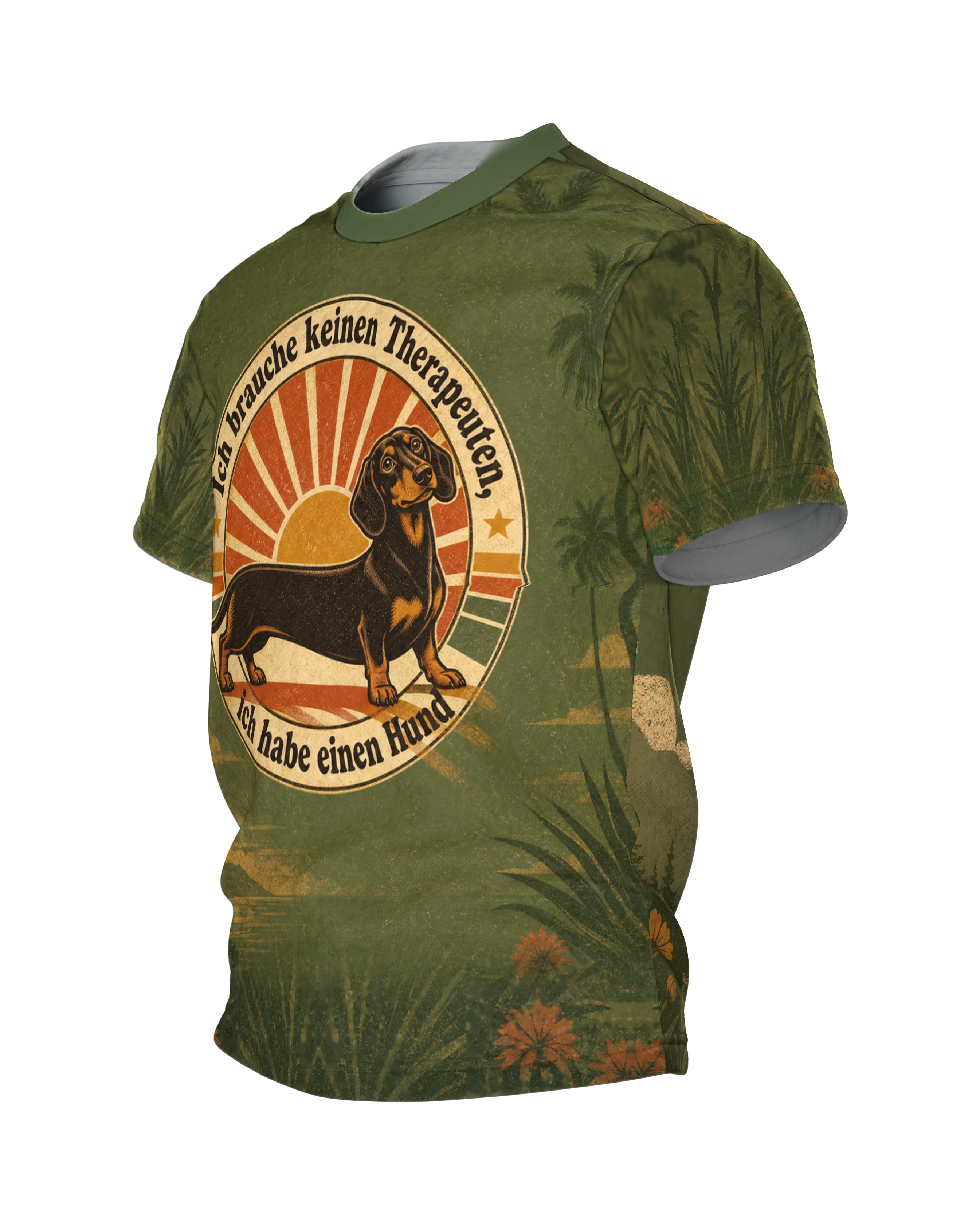 Dackel Spruch T-Shirt: „Ich brauche keinen Therapeuten, ich habe einen Hund“, Retro-Sonne mit Palmen, rundum bedruckt, Seitenansicht rechts