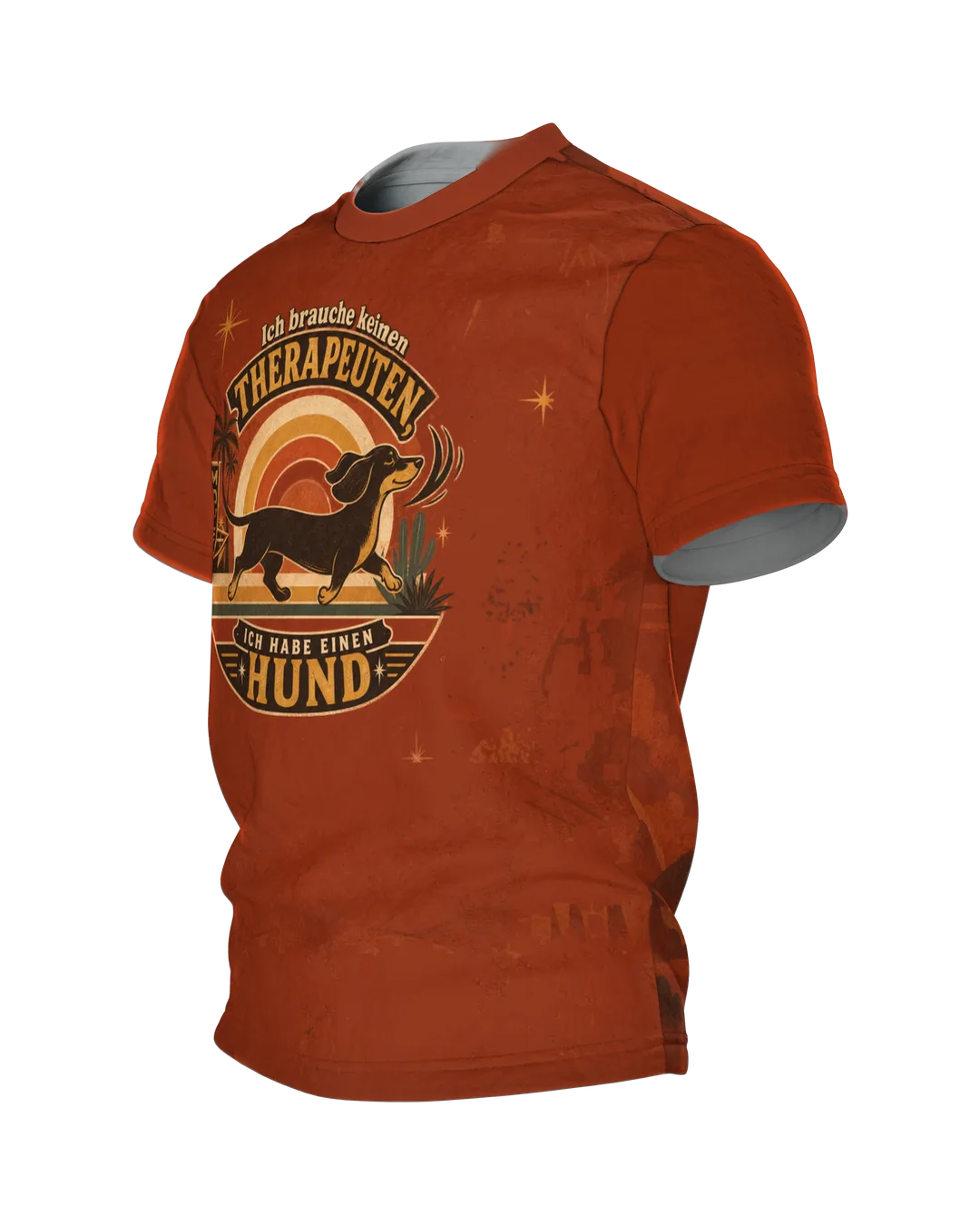 Lustiges Hunde T-Shirt: „Ich brauche keinen Therapeuten, ich habe einen Hund“, Dackel am Motel, hinten Knochenwappen, rundum, Seitenansicht rechts