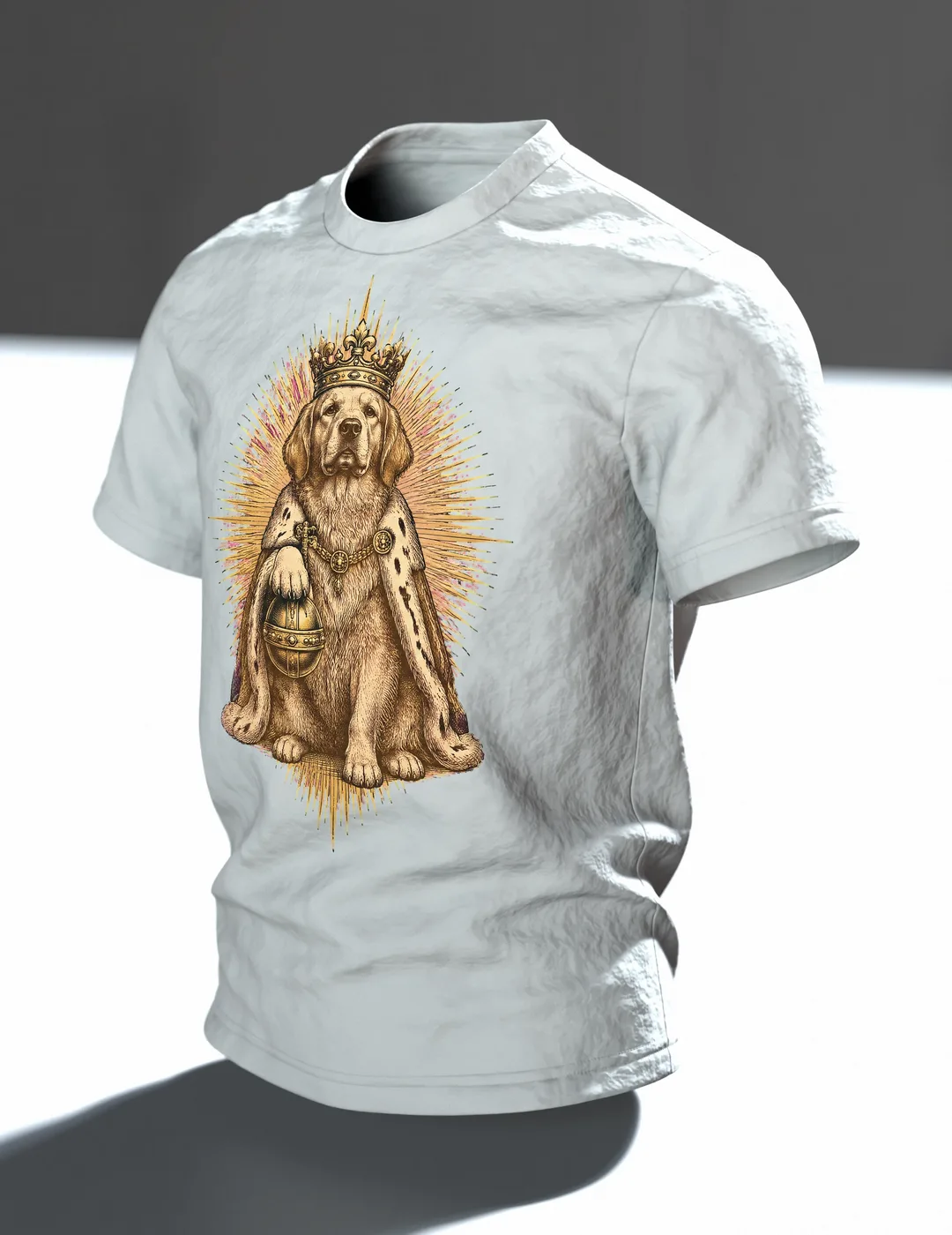 Mops mit Krone T-Shirt, Entwurfsfassung, Im Raum, schräg