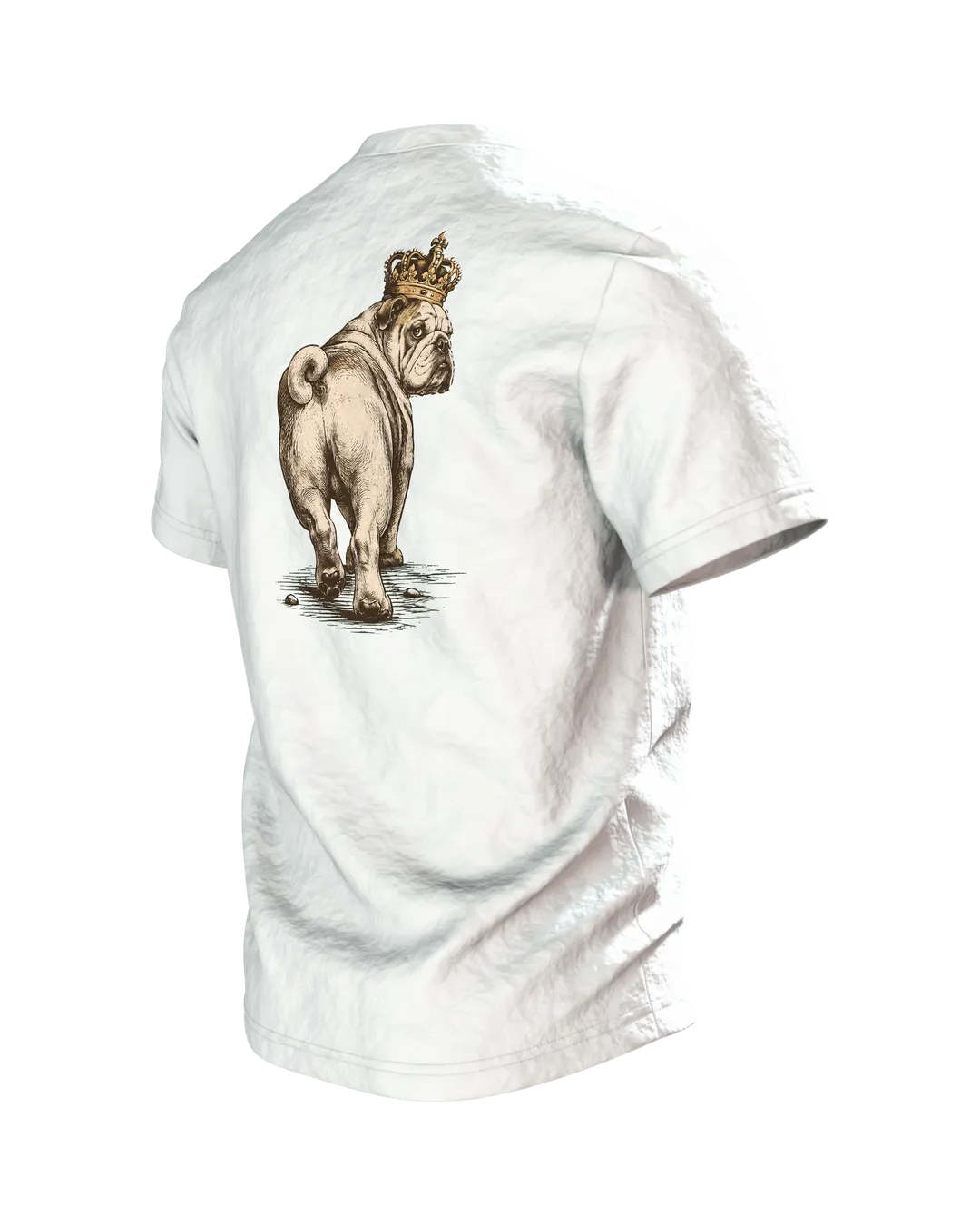 Mops mit Krone T-Shirt, Entwurfsfassung, Rückseite schräg links