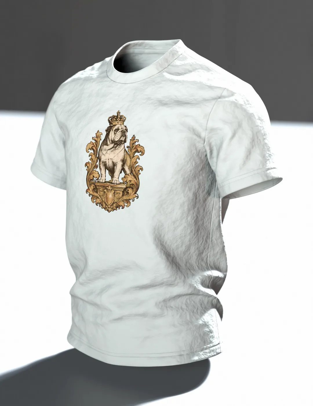 Mops mit Krone T-Shirt, Entwurfsfassung, Im Raum, schräg