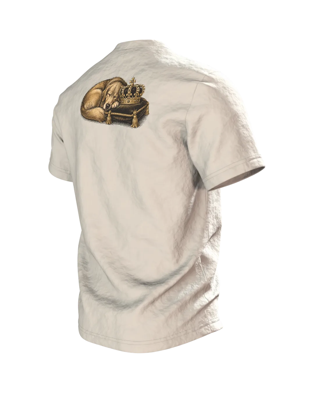 Mops T-Shirt: Königlicher Hund mit goldener Krone im Hermelinmantel, Vintage Kupferstich vorn, schlafend auf dem Kissen hinten, Rückseite schräg links