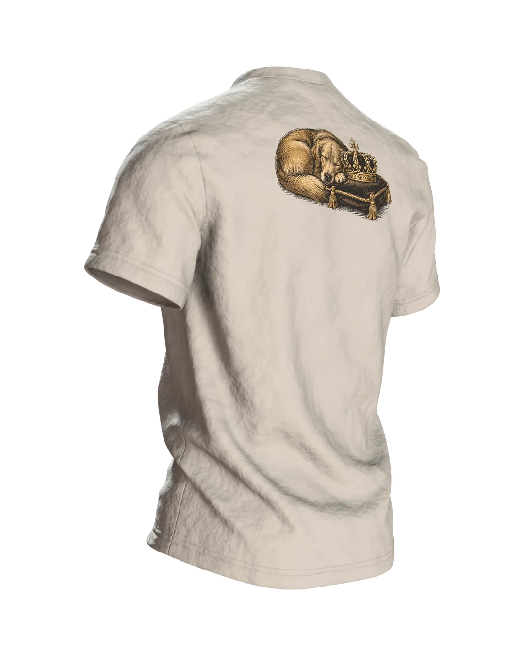 Mops T-Shirt: Königlicher Hund mit goldener Krone im Hermelinmantel, Vintage Kupferstich vorn, schlafend auf dem Kissen hinten, Rückseite schräg rechts