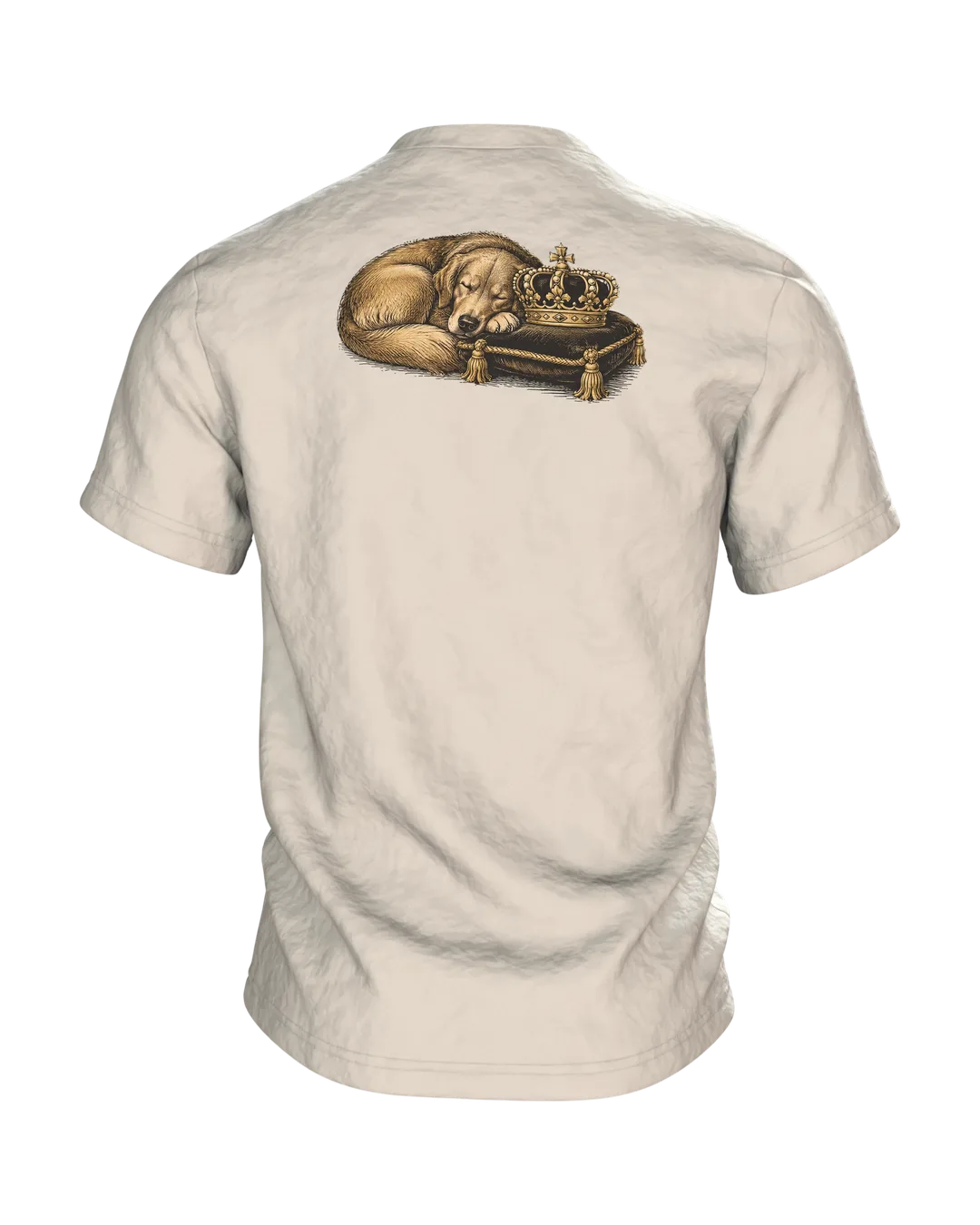 Mops T-Shirt: Königlicher Hund mit goldener Krone im Hermelinmantel, Vintage Kupferstich vorn, schlafend auf dem Kissen hinten, Rückseite