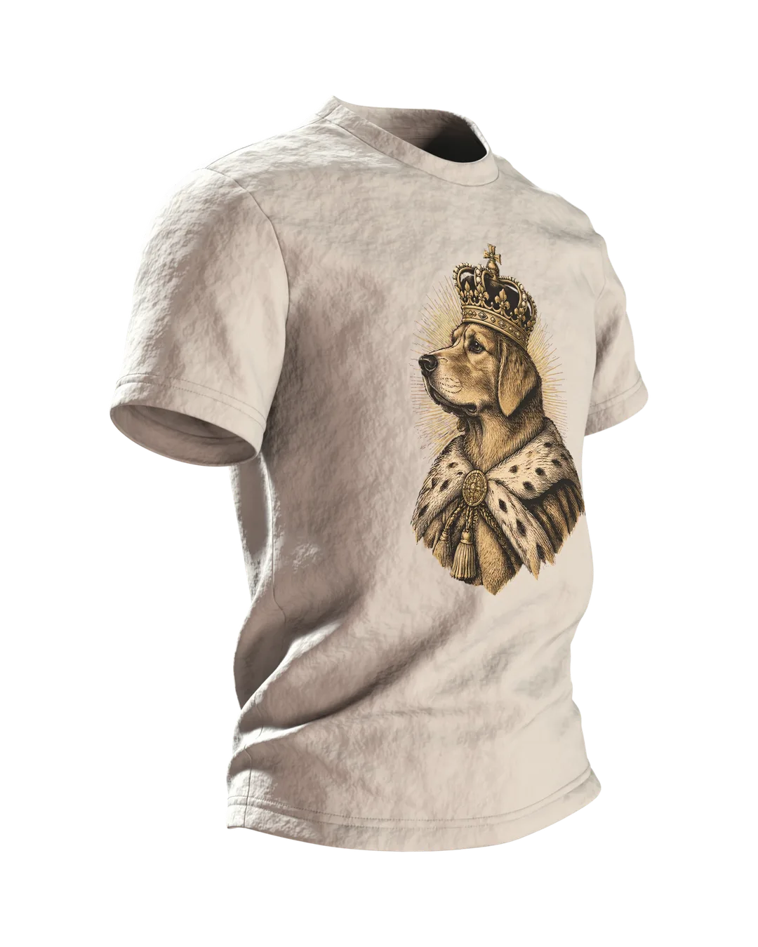 Mops T-Shirt: Königlicher Hund mit goldener Krone im Hermelinmantel, Vintage Kupferstich vorn, schlafend auf dem Kissen hinten, Seitenansicht links