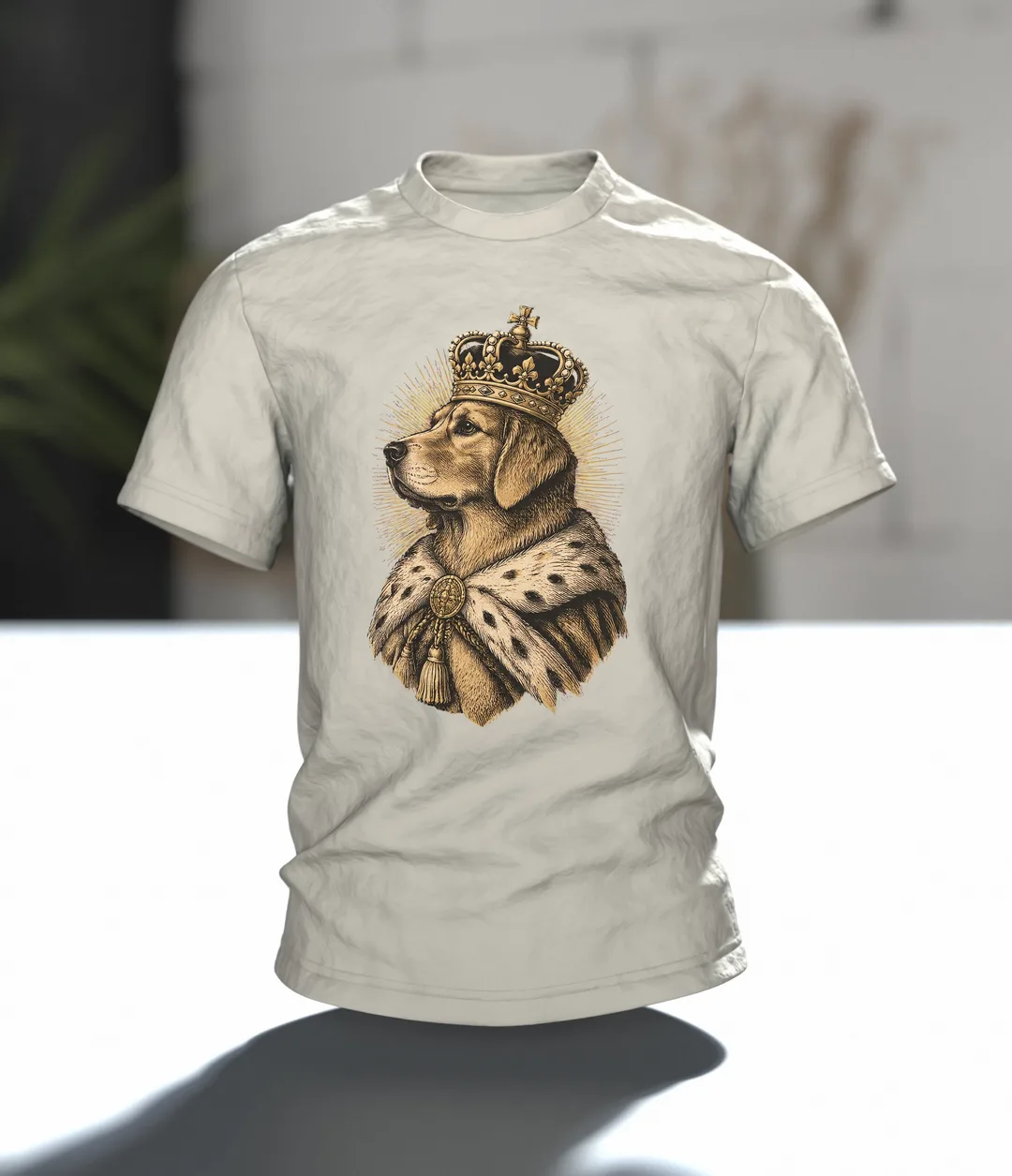 Mops T-Shirt: Königlicher Hund mit goldener Krone im Hermelinmantel, Vintage Kupferstich vorn, schlafend auf dem Kissen hinten, Im Raum