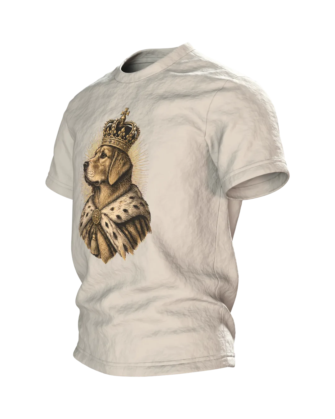 Mops T-Shirt: Königlicher Hund mit goldener Krone im Hermelinmantel, Vintage Kupferstich vorn, schlafend auf dem Kissen hinten, Seitenansicht rechts