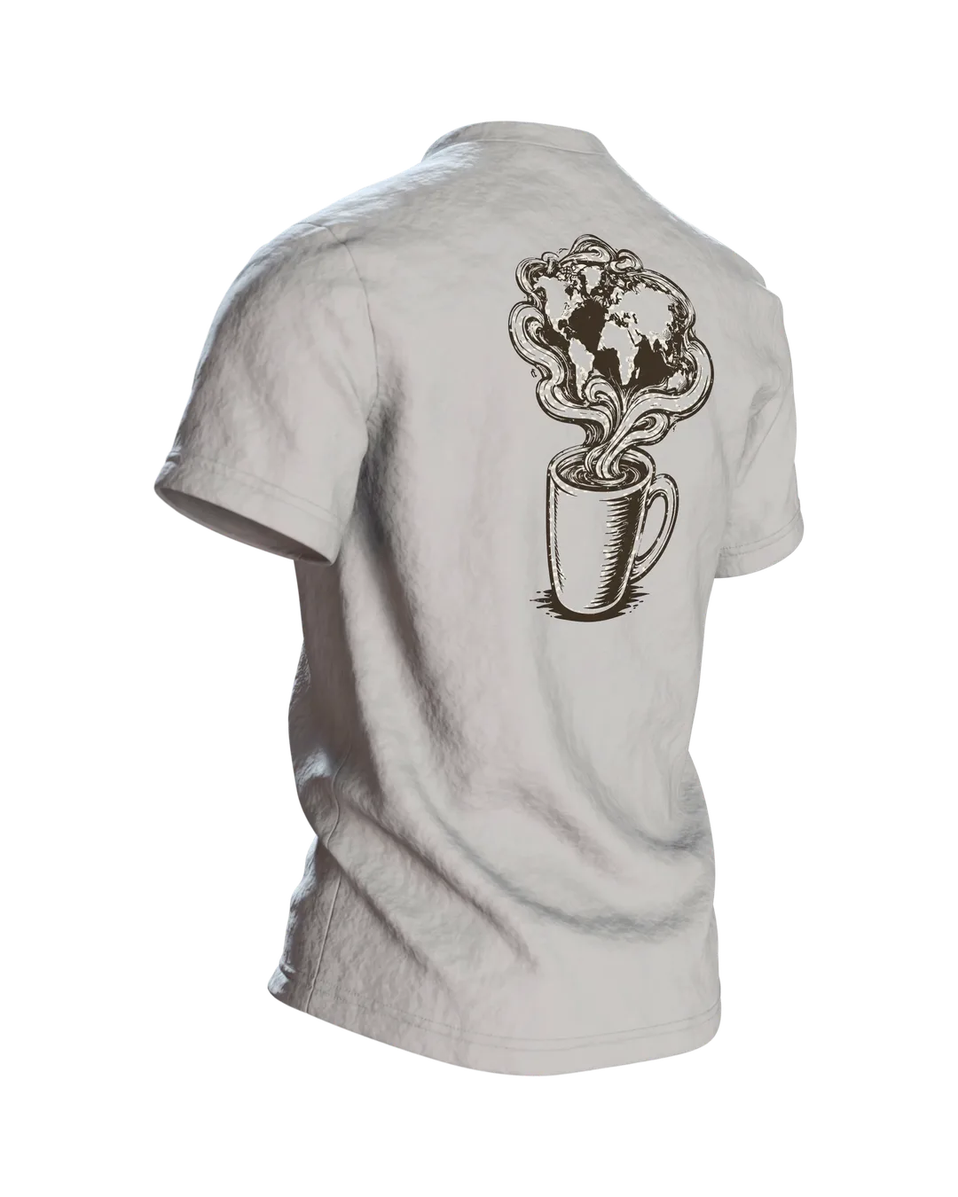 Katze Kaffee Welt T-Shirt: Linienkunst für Morgenrituale, Rückseite schräg rechts