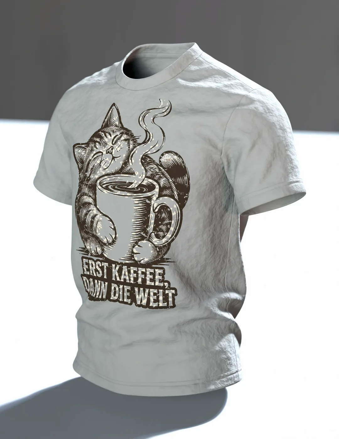 Katze Kaffee Welt T-Shirt: Linienkunst für Morgenrituale, Im Raum, schräg