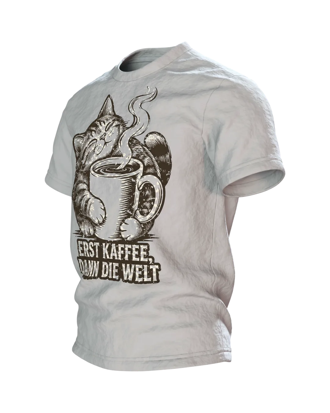 Katze Kaffee Welt T-Shirt: Linienkunst für Morgenrituale, Seitenansicht rechts
