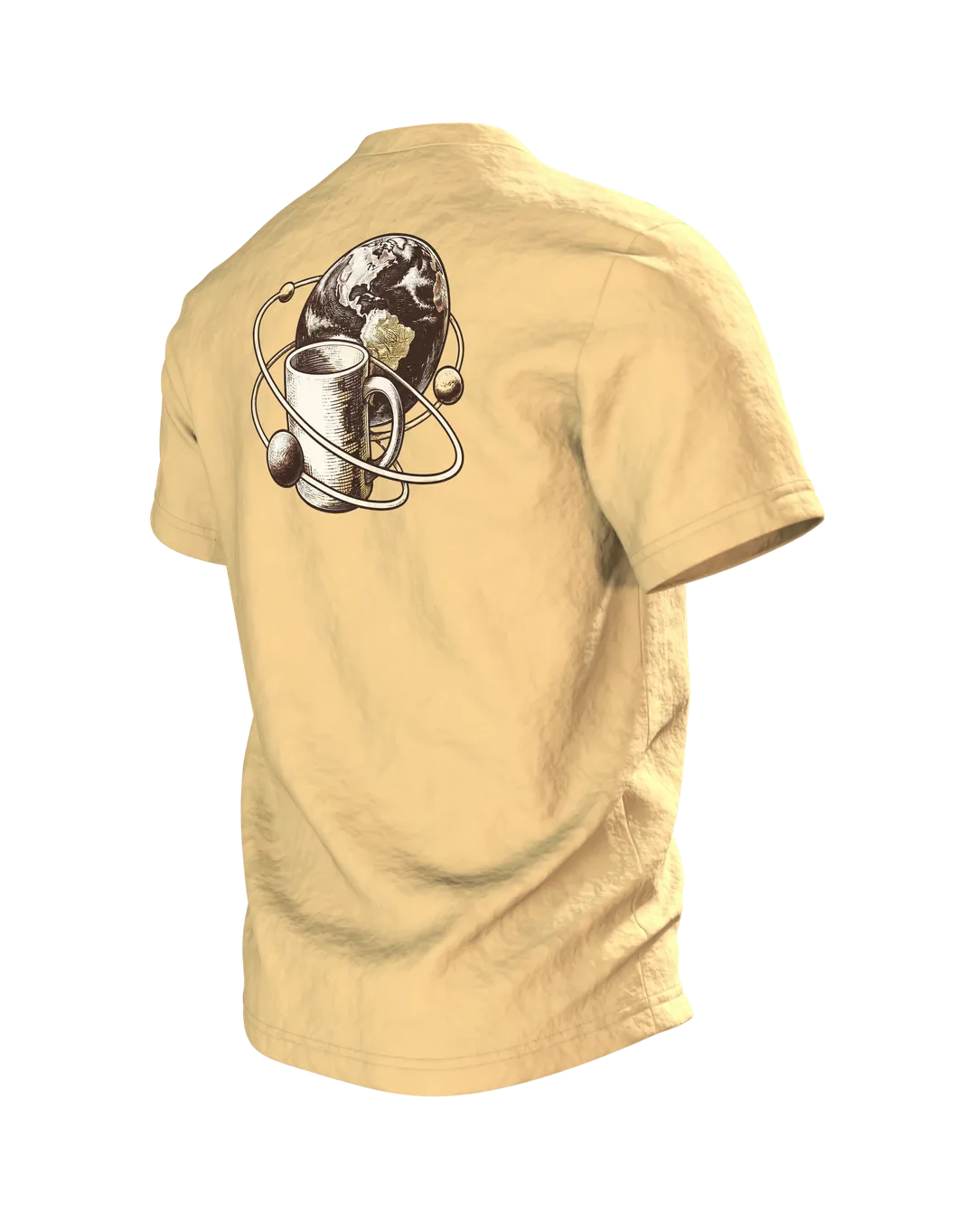Katze umarmt Kaffeetasse T-Shirt: Erst Kaffee dann die Welt, Rückseite schräg links