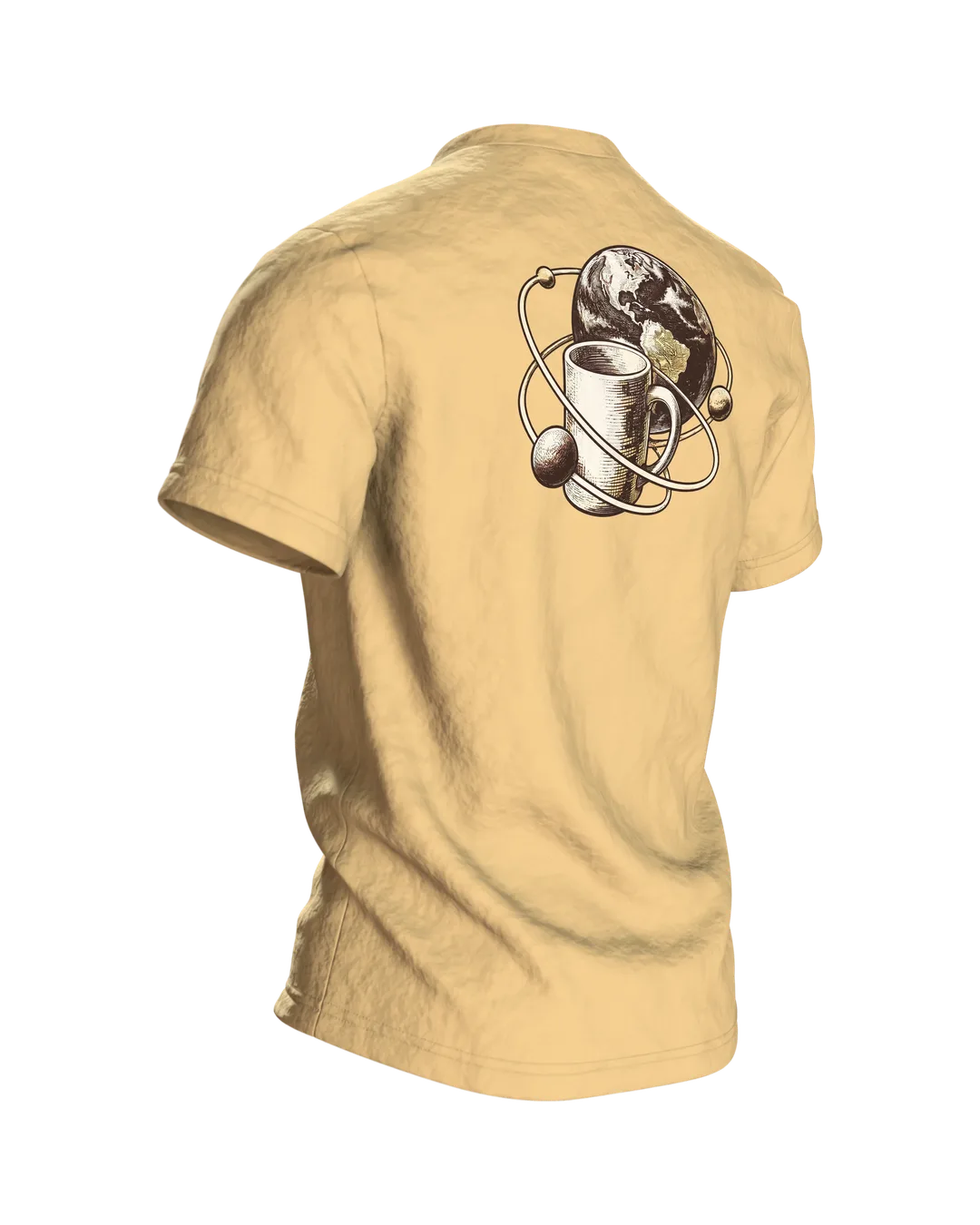 Katze umarmt Kaffeetasse T-Shirt: Erst Kaffee dann die Welt, Rückseite schräg rechts