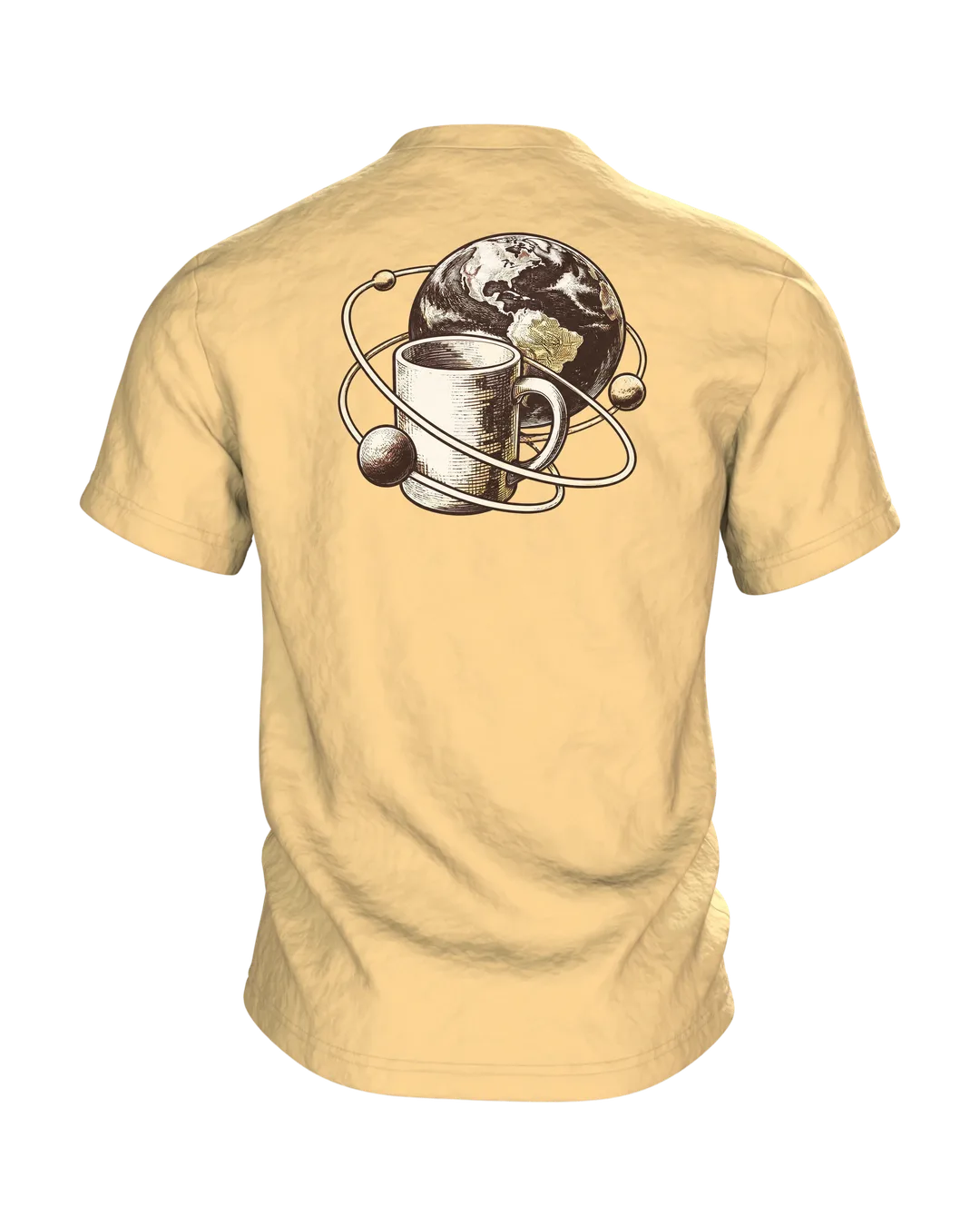 Katze umarmt Kaffeetasse T-Shirt: Erst Kaffee dann die Welt, Rückseite