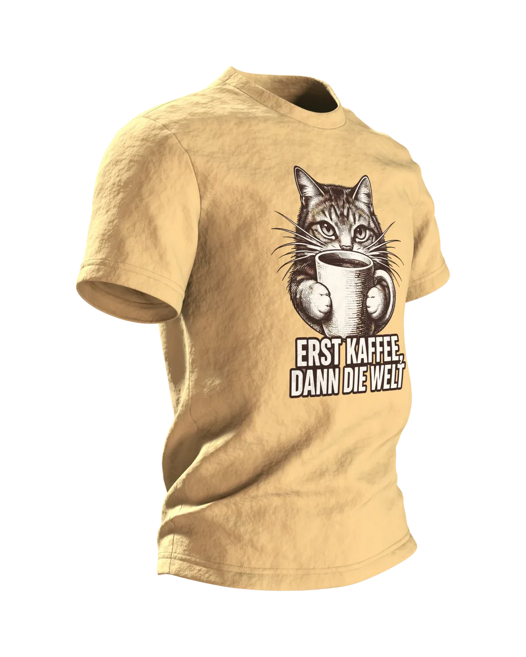 Katze umarmt Kaffeetasse T-Shirt: Erst Kaffee dann die Welt, Seitenansicht links