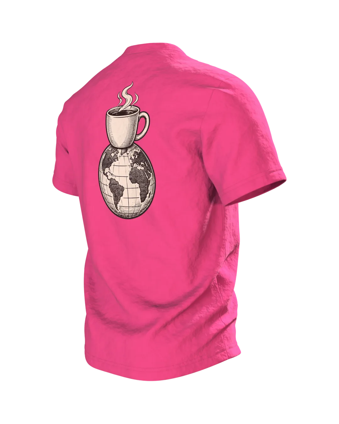 Katze Kaffee T-Shirt „Erst Kaffee, dann die Welt“, Line Art im Holzschnitt-Stil, Rückenmotiv Tasse auf Weltkugel, Rückseite schräg links