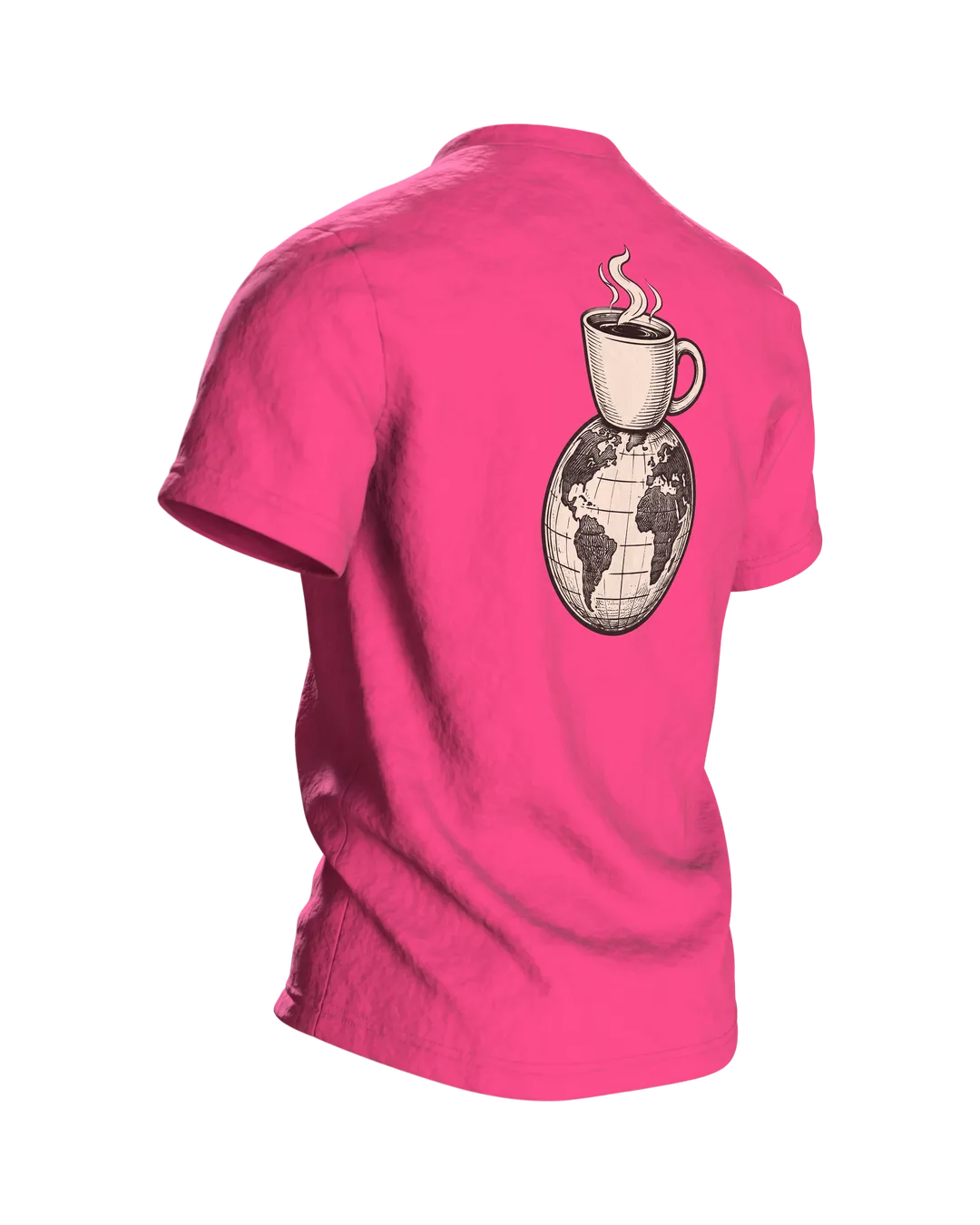 Katze Kaffee T-Shirt „Erst Kaffee, dann die Welt“, Line Art im Holzschnitt-Stil, Rückenmotiv Tasse auf Weltkugel, Rückseite schräg rechts