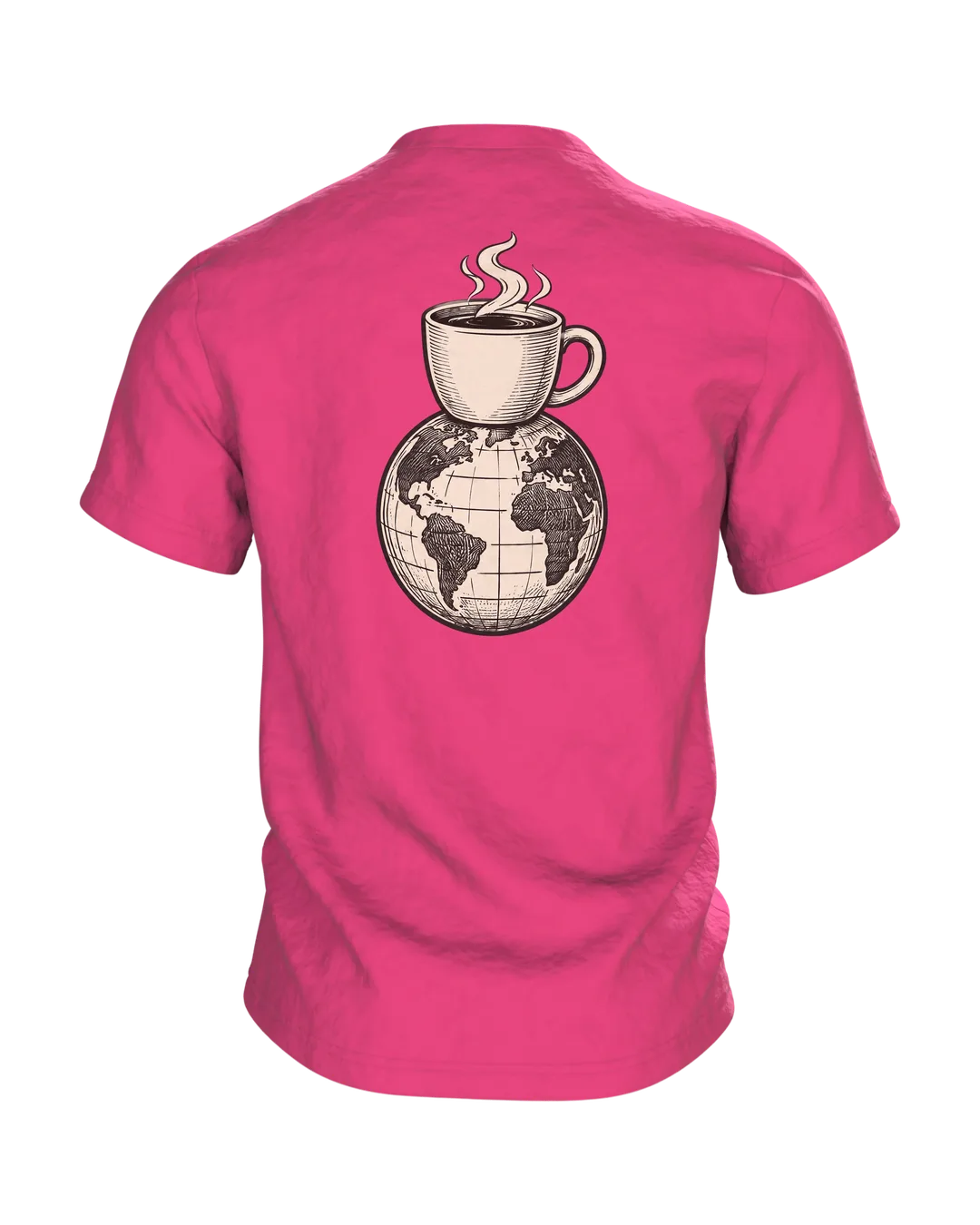 Katze Kaffee T-Shirt „Erst Kaffee, dann die Welt“, Line Art im Holzschnitt-Stil, Rückenmotiv Tasse auf Weltkugel, Rückseite