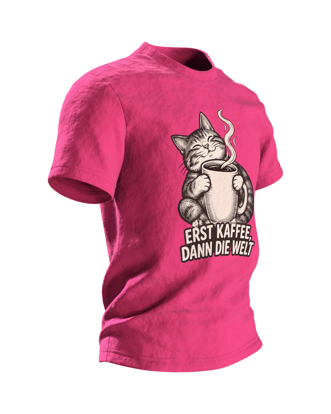 Katze Kaffee T-Shirt „Erst Kaffee, dann die Welt“, Line Art im Holzschnitt-Stil, Rückenmotiv Tasse auf Weltkugel, Seitenansicht links