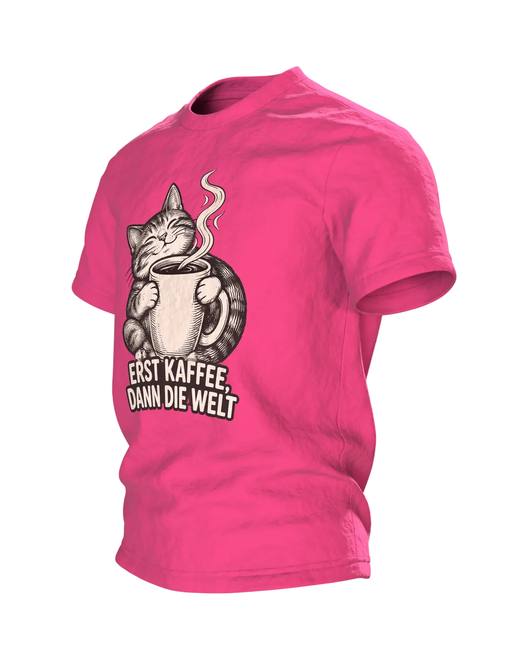 Katze Kaffee T-Shirt „Erst Kaffee, dann die Welt“, Line Art im Holzschnitt-Stil, Rückenmotiv Tasse auf Weltkugel, Seitenansicht rechts