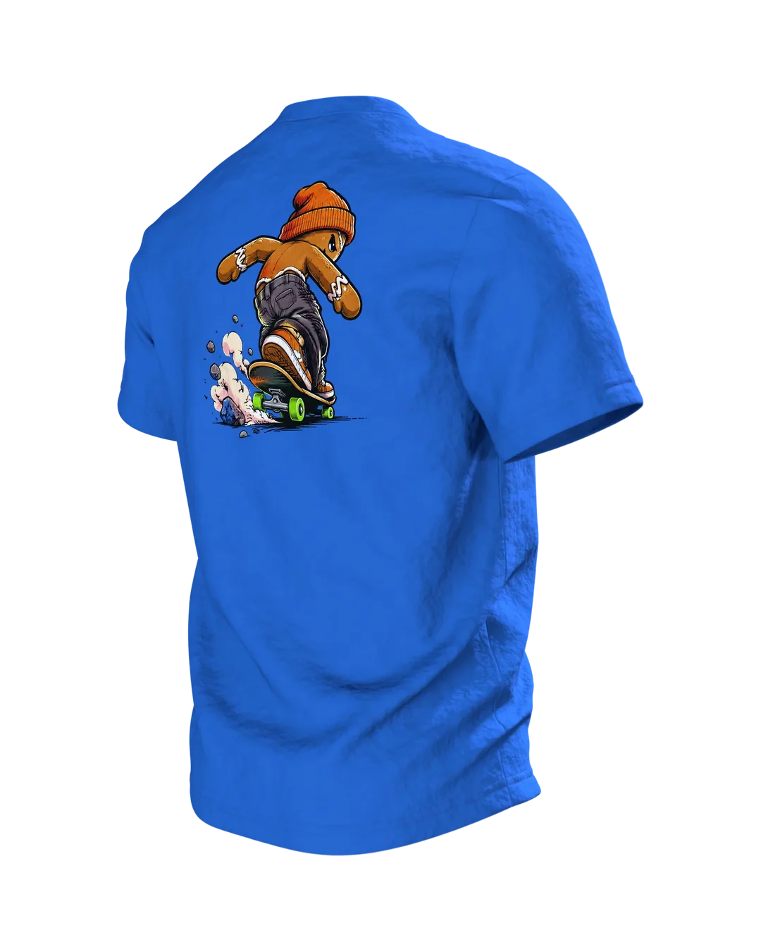 Gingerbread Man Skater Shirt, Cool Comic with Beanie and Skateboard, Rail Grind in Front of a Neon Skyline, Unisex Christmas Gift, Back, angled left
