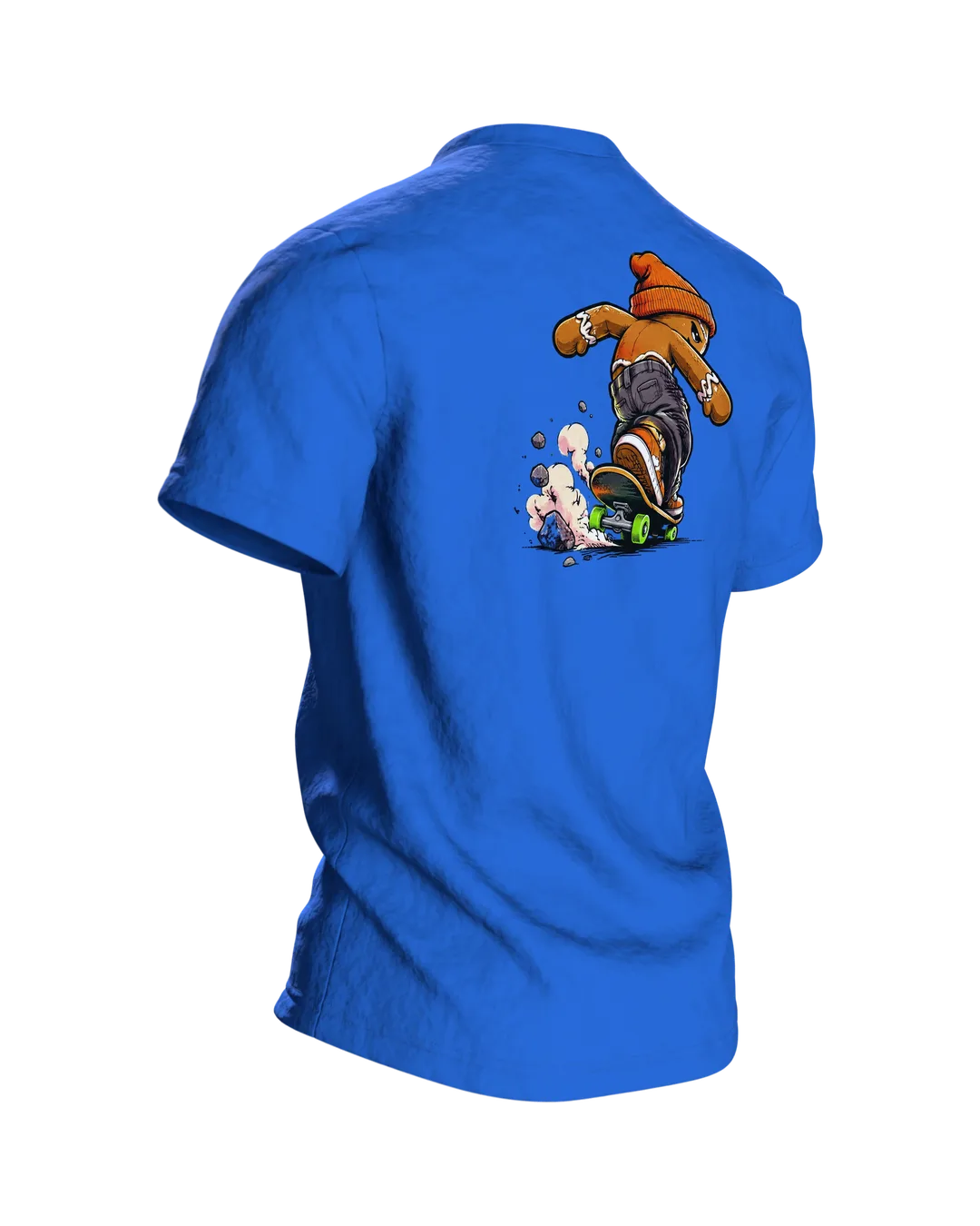 Gingerbread Man Skater Shirt, Cool Comic with Beanie and Skateboard, Rail Grind in Front of a Neon Skyline, Unisex Christmas Gift, Back, angled right