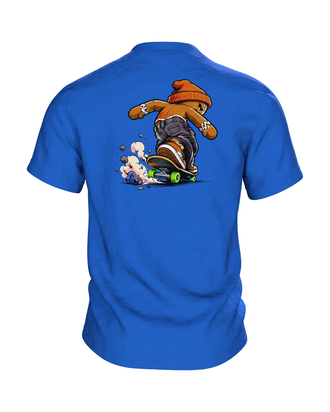 Gingerbread Man Skater Shirt, Cool Comic with Beanie and Skateboard, Rail Grind in Front of a Neon Skyline, Unisex Christmas Gift, Back