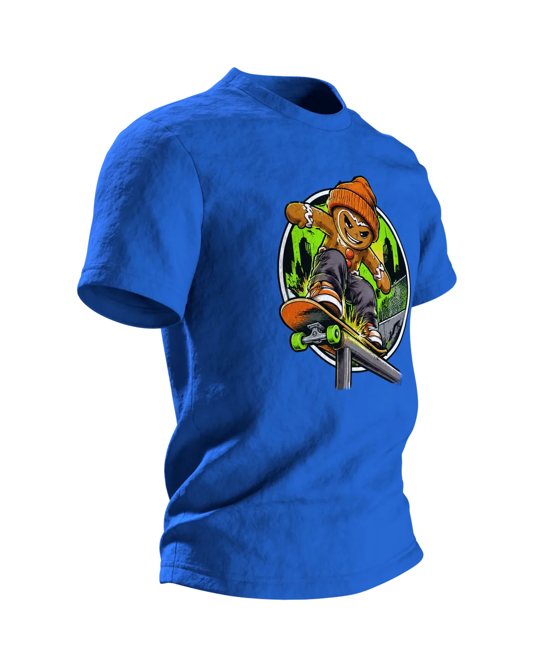 Gingerbread Man Skater Shirt, Cool Comic with Beanie and Skateboard, Rail Grind in Front of a Neon Skyline, Unisex Christmas Gift, Side view, left
