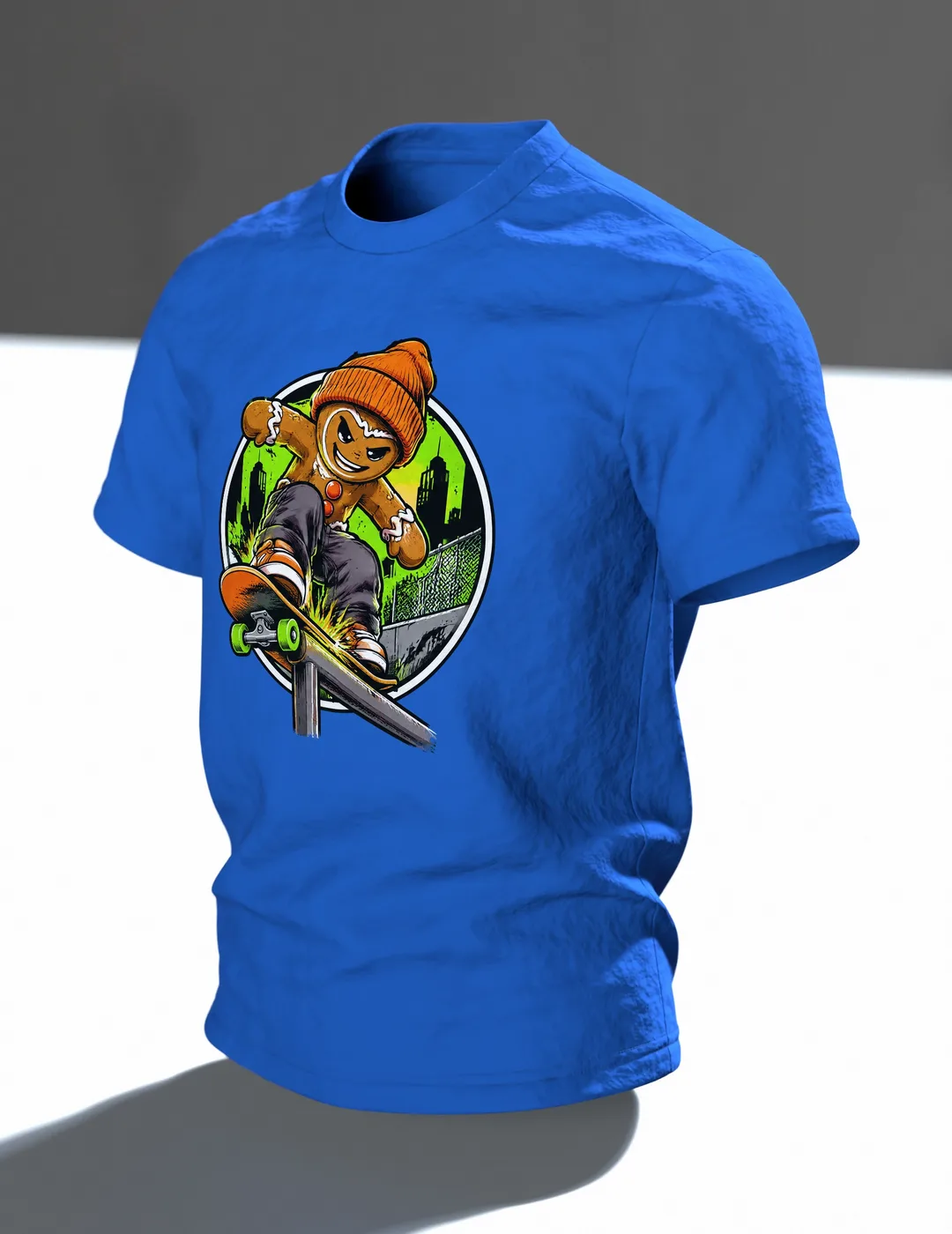 Gingerbread Man Skater Shirt, Cool Comic with Beanie and Skateboard, Rail Grind in Front of a Neon Skyline, Unisex Christmas Gift, In context, angled