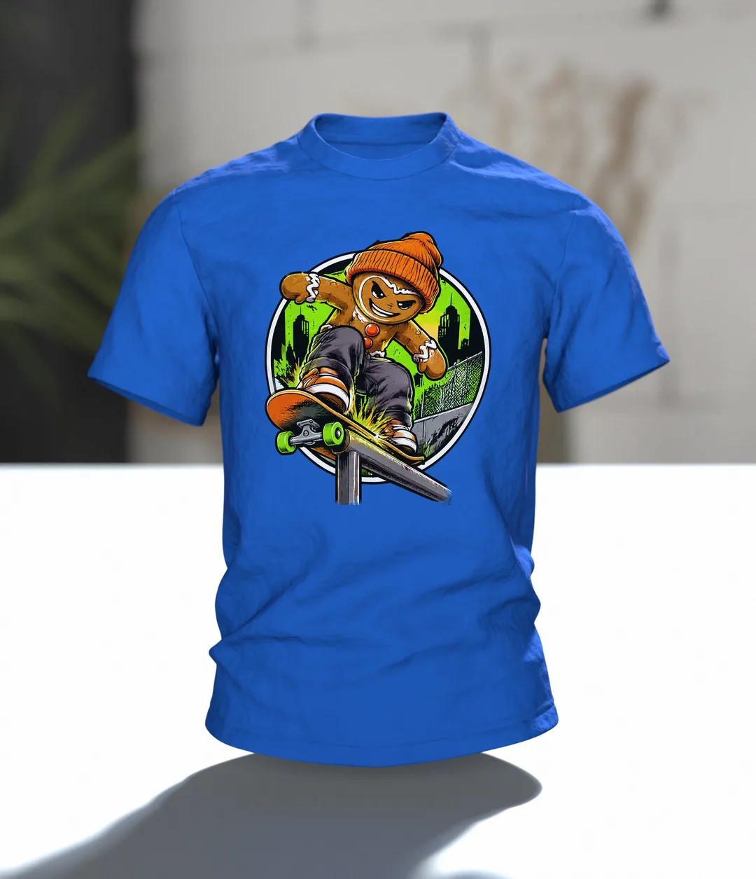 Gingerbread Man Skater Shirt, Cool Comic with Beanie and Skateboard, Rail Grind in Front of a Neon Skyline, Unisex Christmas Gift, In context