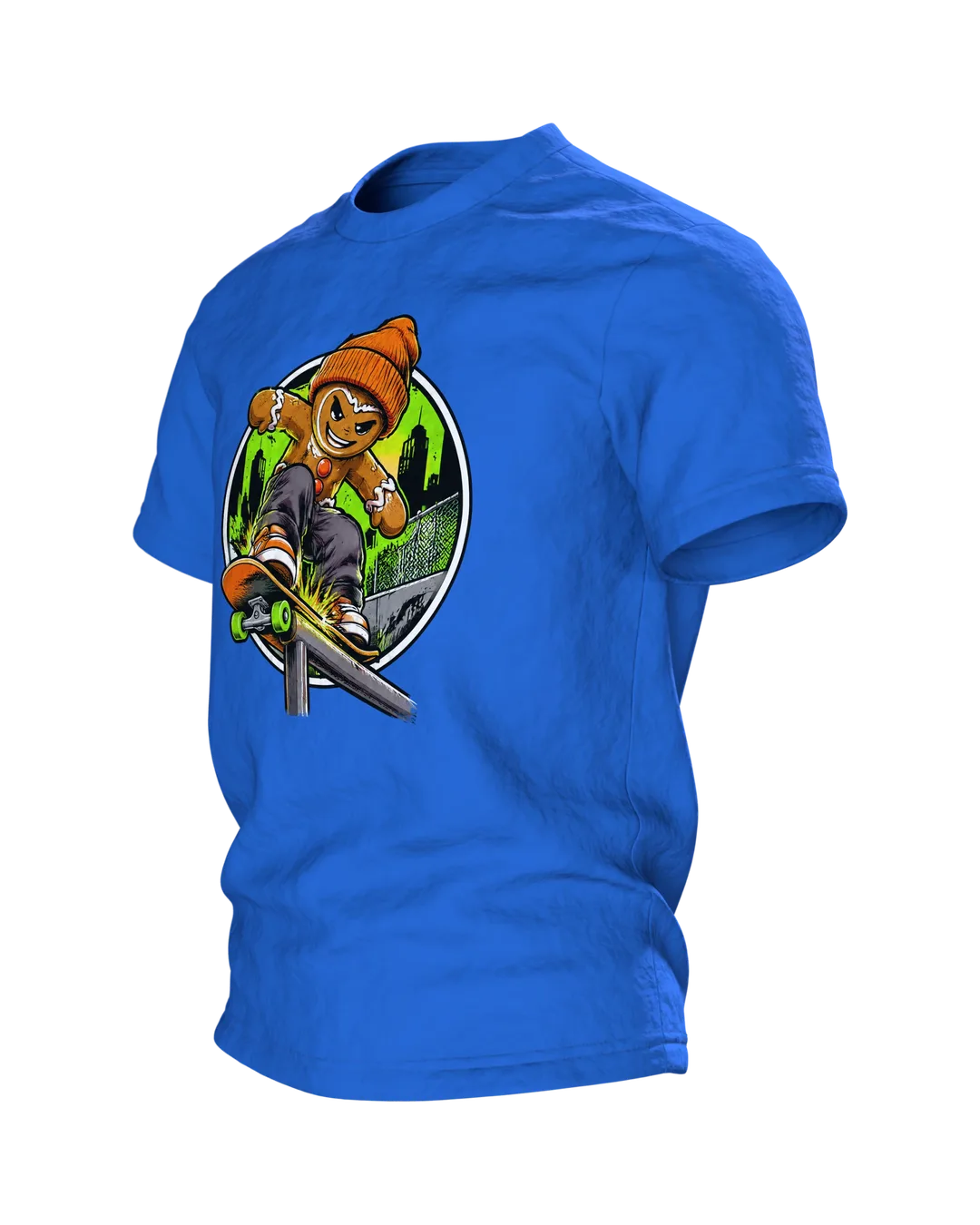 Gingerbread Man Skater Shirt, Cool Comic with Beanie and Skateboard, Rail Grind in Front of a Neon Skyline, Unisex Christmas Gift, Side view, right