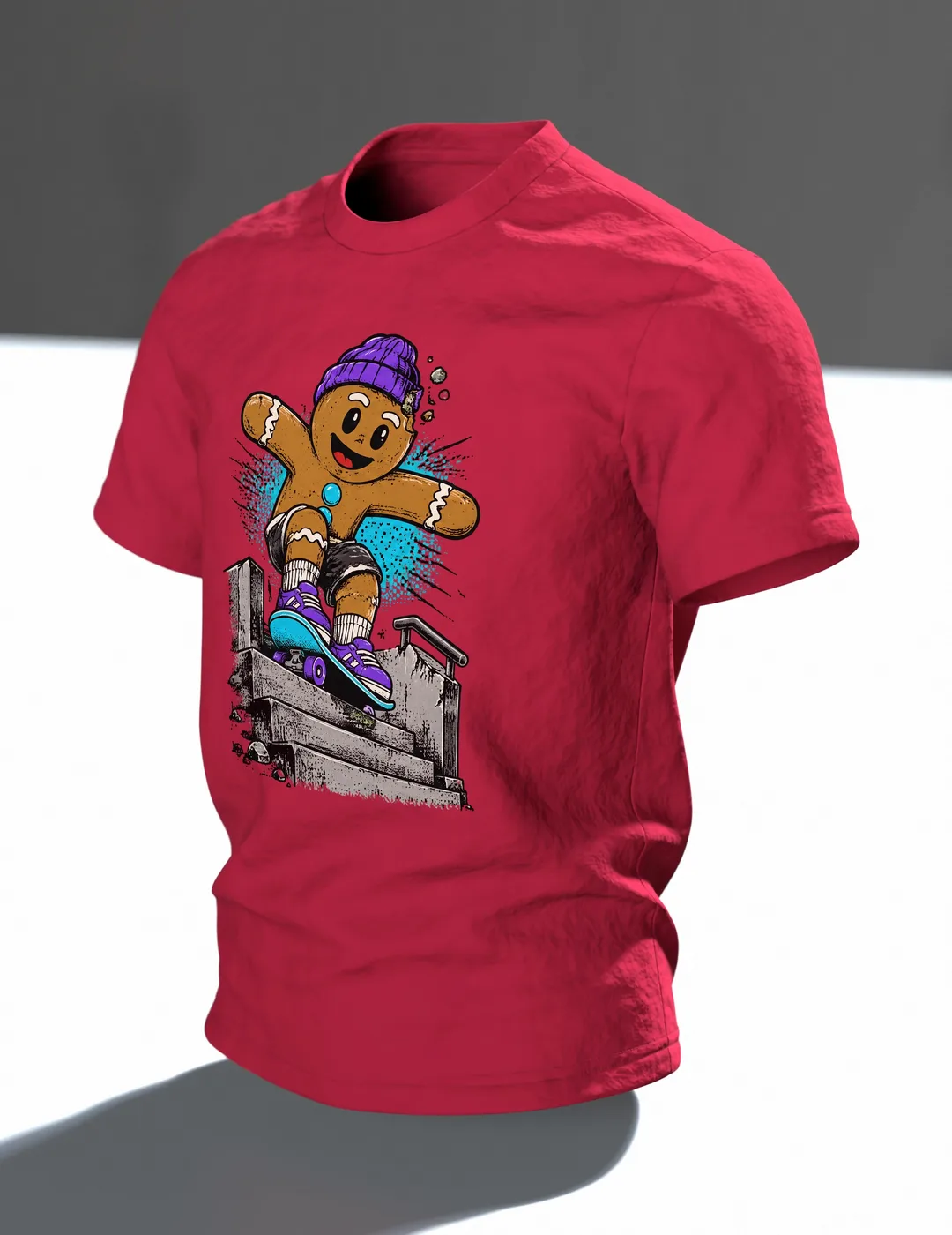 Lebkuchenmann Skater T-Shirt, Entwurfsfassung, Im Raum, schräg