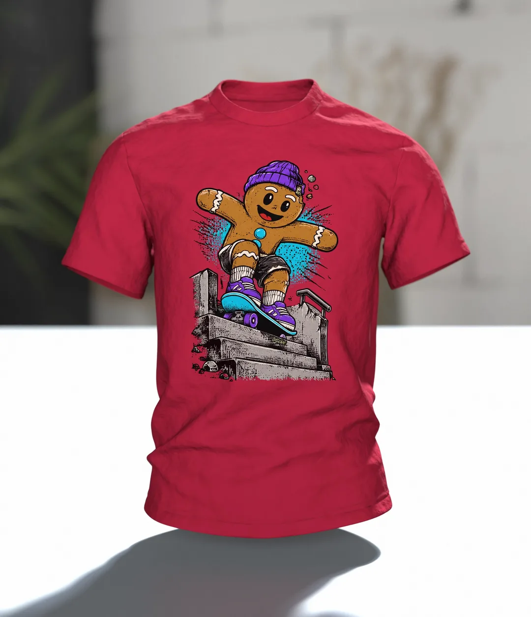 Lebkuchenmann Skater T-Shirt, Entwurfsfassung, Im Raum