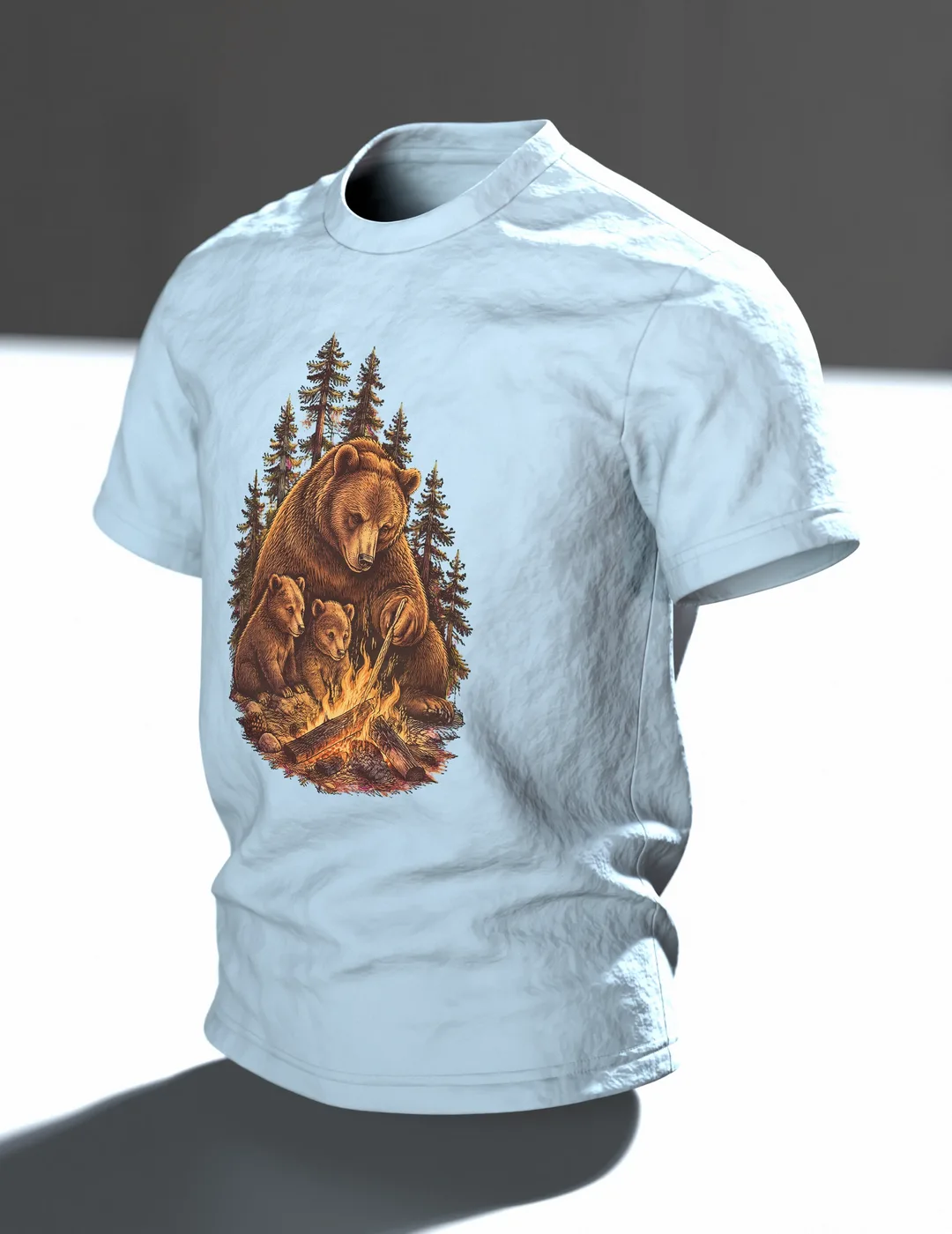 Papa-Bär am Lagerfeuer T-Shirt, Entwurfsfassung, Im Raum, schräg