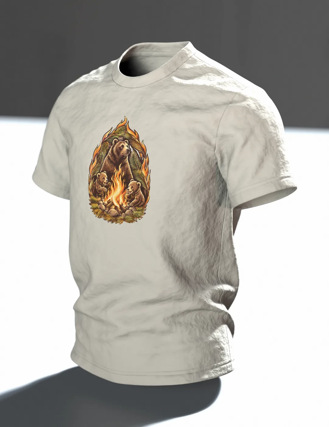 Papa-Bär am Lagerfeuer T-Shirt, Entwurfsfassung, Im Raum, schräg