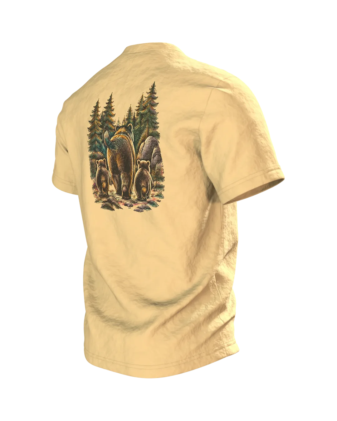 Bärenfamilie T-Shirt: Papa-Bär mit zwei kleinen Bären am Lagerfeuer im Wald, Holzschnitt-Linienkunst für Camping-Papas, Rückseite schräg links