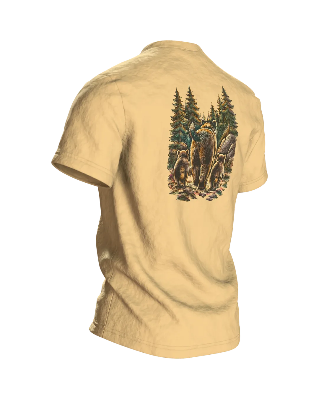 Bärenfamilie T-Shirt: Papa-Bär mit zwei kleinen Bären am Lagerfeuer im Wald, Holzschnitt-Linienkunst für Camping-Papas, Rückseite schräg rechts