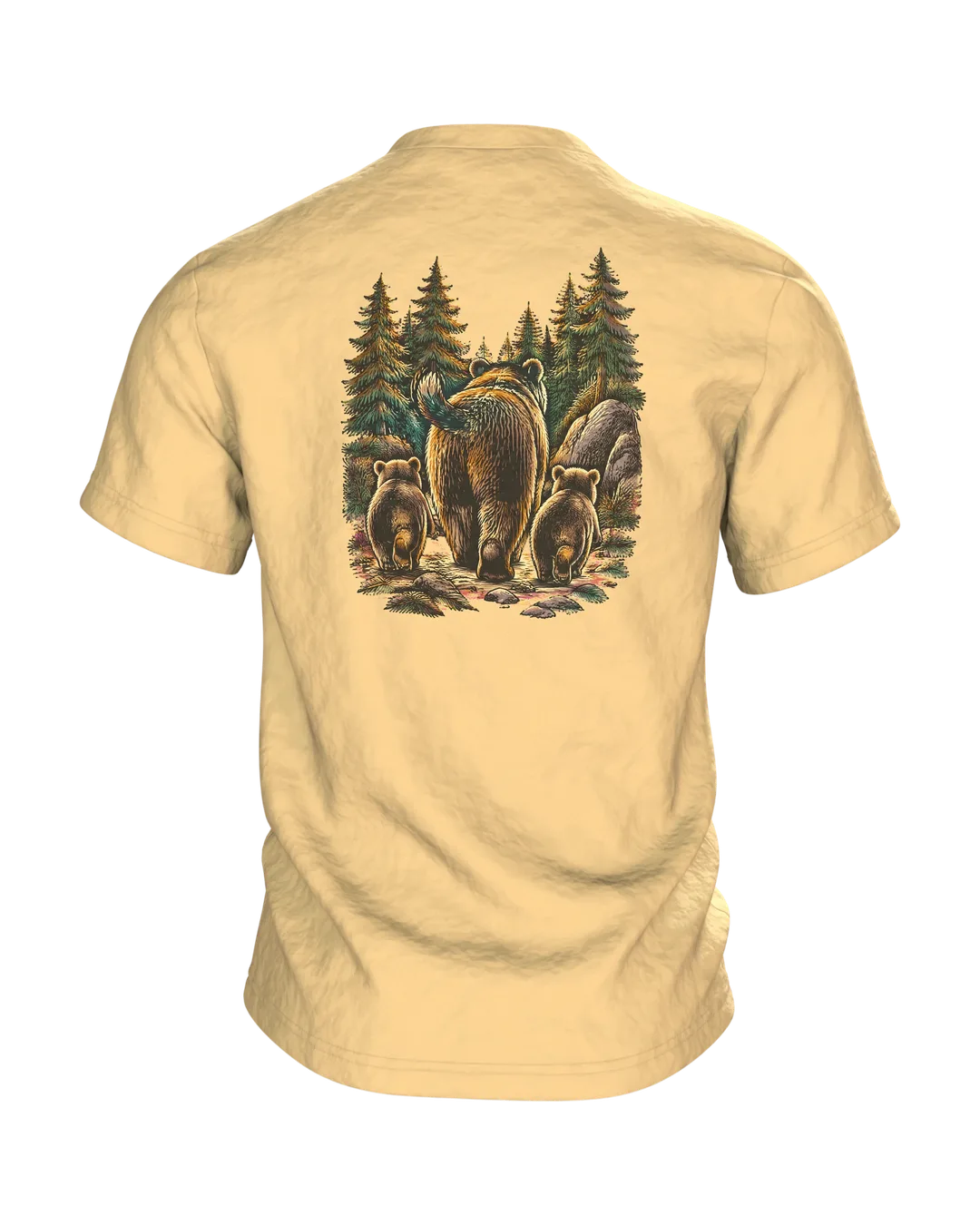 Bärenfamilie T-Shirt: Papa-Bär mit zwei kleinen Bären am Lagerfeuer im Wald, Holzschnitt-Linienkunst für Camping-Papas, Rückseite