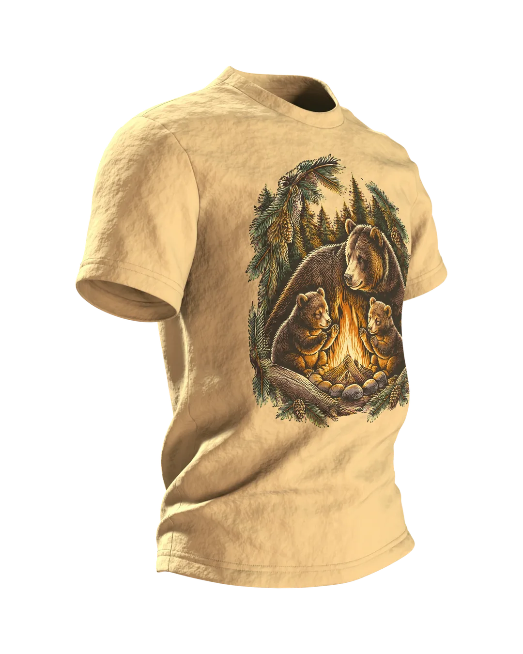 Bärenfamilie T-Shirt: Papa-Bär mit zwei kleinen Bären am Lagerfeuer im Wald, Holzschnitt-Linienkunst für Camping-Papas, Seitenansicht links