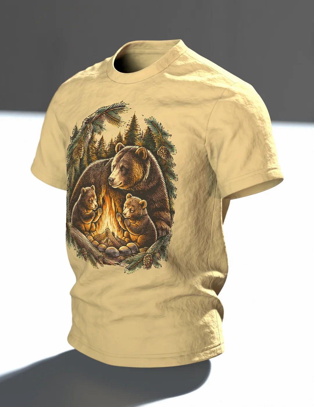 Bärenfamilie T-Shirt: Papa-Bär mit zwei kleinen Bären am Lagerfeuer im Wald, Holzschnitt-Linienkunst für Camping-Papas, Im Raum, schräg