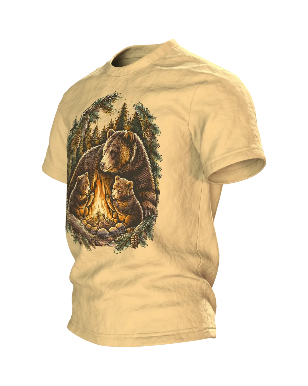 Bärenfamilie T-Shirt: Papa-Bär mit zwei kleinen Bären am Lagerfeuer im Wald, Holzschnitt-Linienkunst für Camping-Papas, Seitenansicht rechts