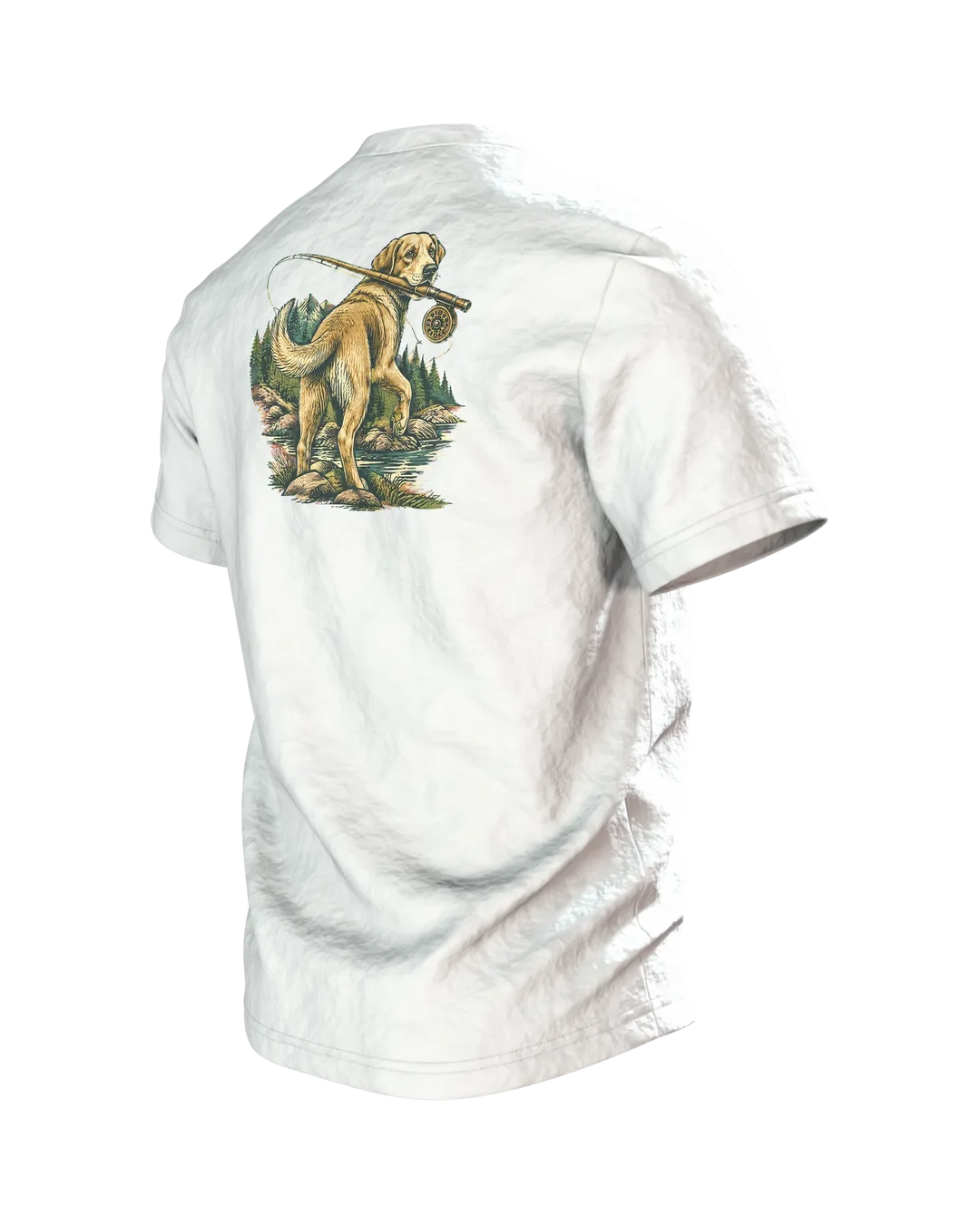 Grandpa Fishing Shirt “BESTER OPA” Vintage Badge with Leaping Trout, Fly Rod and Golden Retriever on the Back, Back, angled left