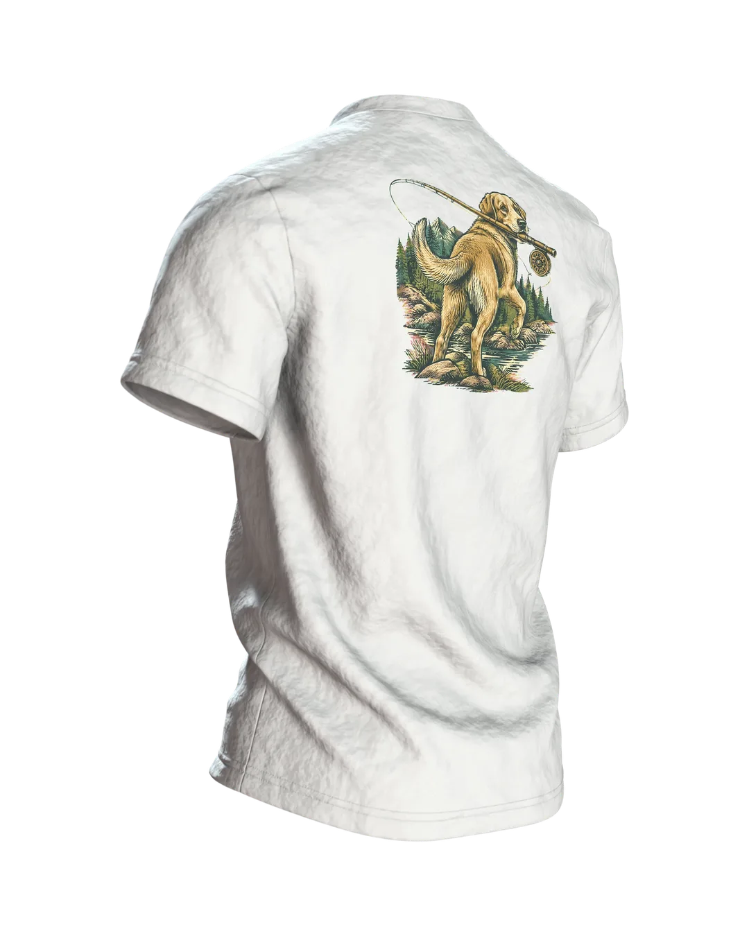 Grandpa Fishing Shirt “BESTER OPA” Vintage Badge with Leaping Trout, Fly Rod and Golden Retriever on the Back, Back, angled right
