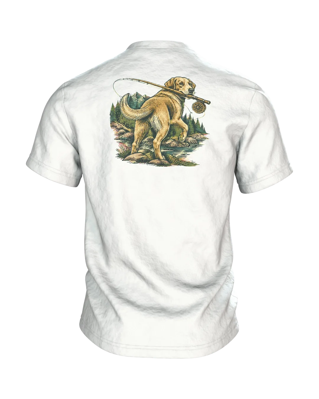 Grandpa Fishing Shirt “BESTER OPA” Vintage Badge with Leaping Trout, Fly Rod and Golden Retriever on the Back, Back