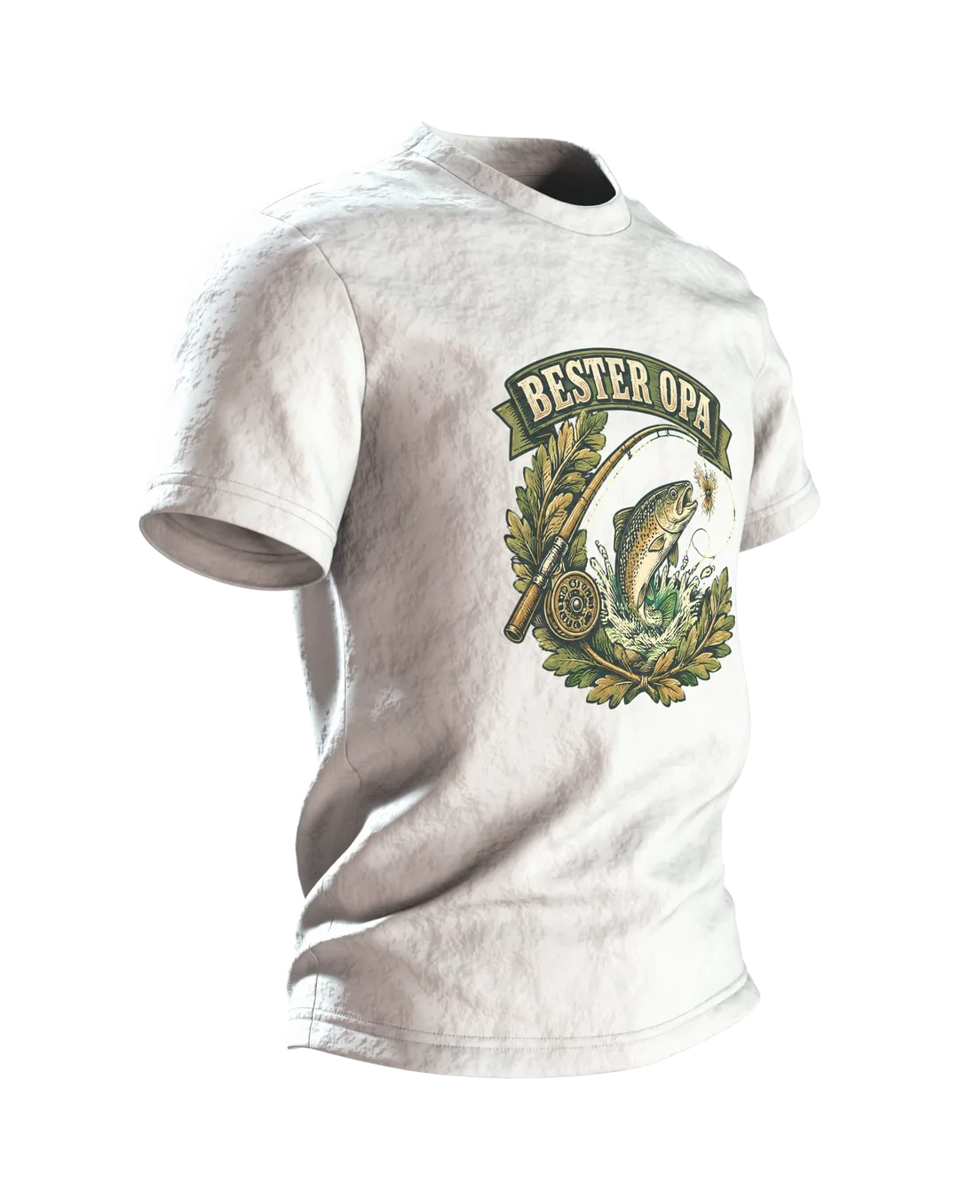 Grandpa Fishing Shirt “BESTER OPA” Vintage Badge with Leaping Trout, Fly Rod and Golden Retriever on the Back, Side view, left