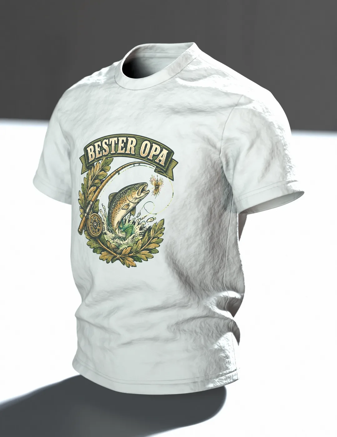 Grandpa Fishing Shirt “BESTER OPA” Vintage Badge with Leaping Trout, Fly Rod and Golden Retriever on the Back, In context, angled