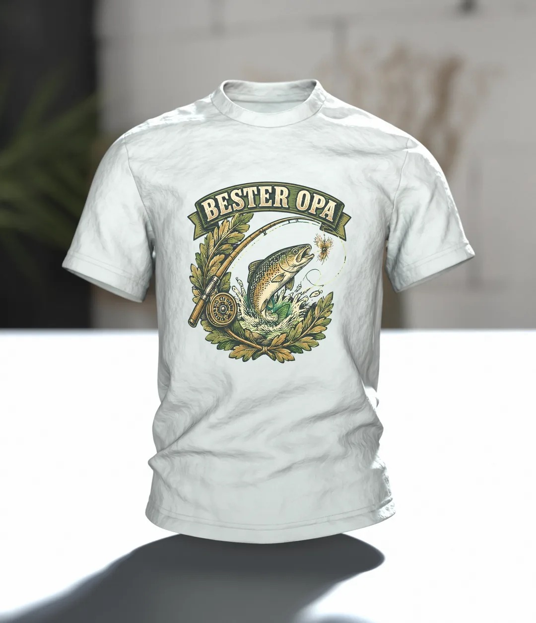 Grandpa Fishing Shirt “BESTER OPA” Vintage Badge with Leaping Trout, Fly Rod and Golden Retriever on the Back, In context