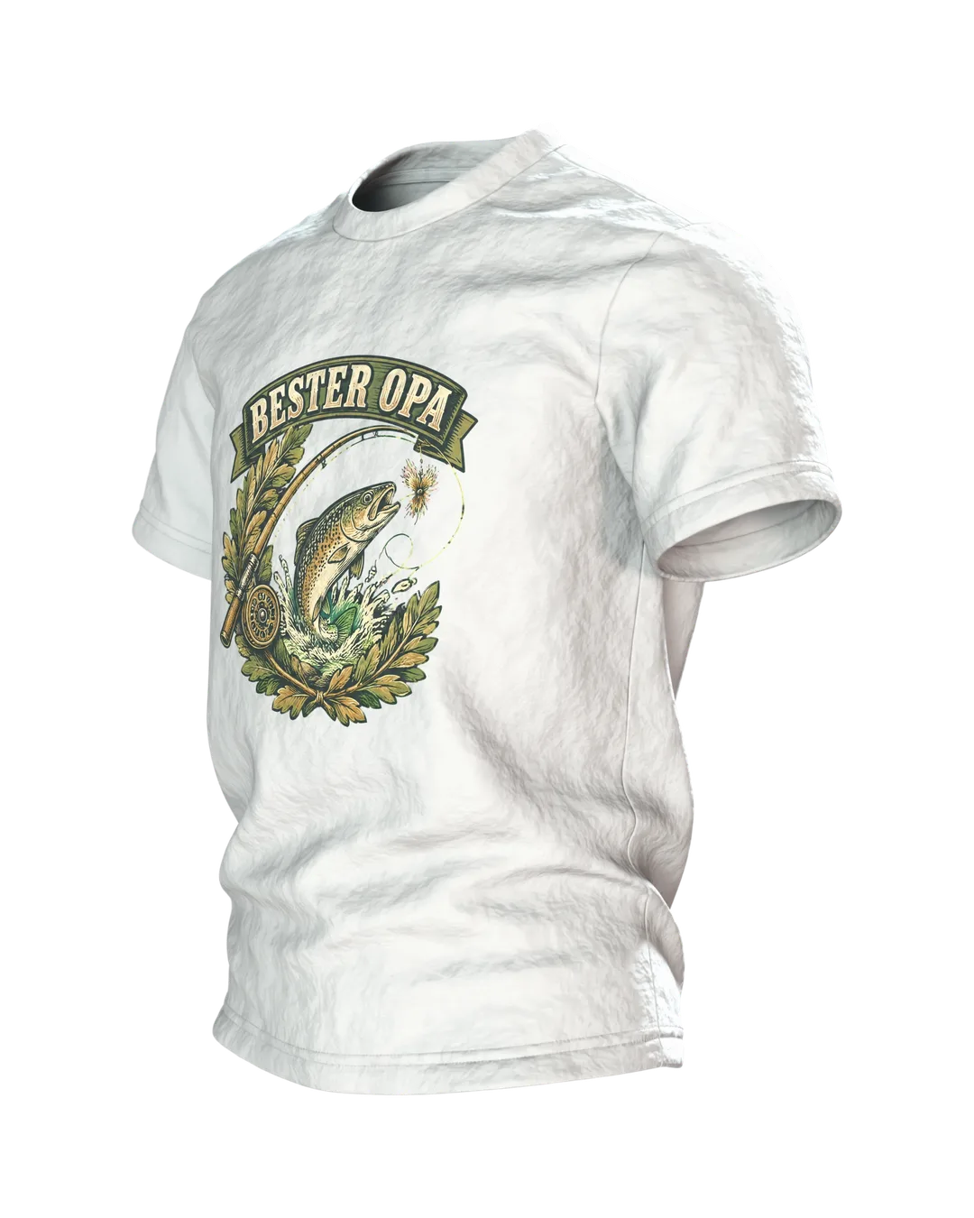 Grandpa Fishing Shirt “BESTER OPA” Vintage Badge with Leaping Trout, Fly Rod and Golden Retriever on the Back, Side view, right