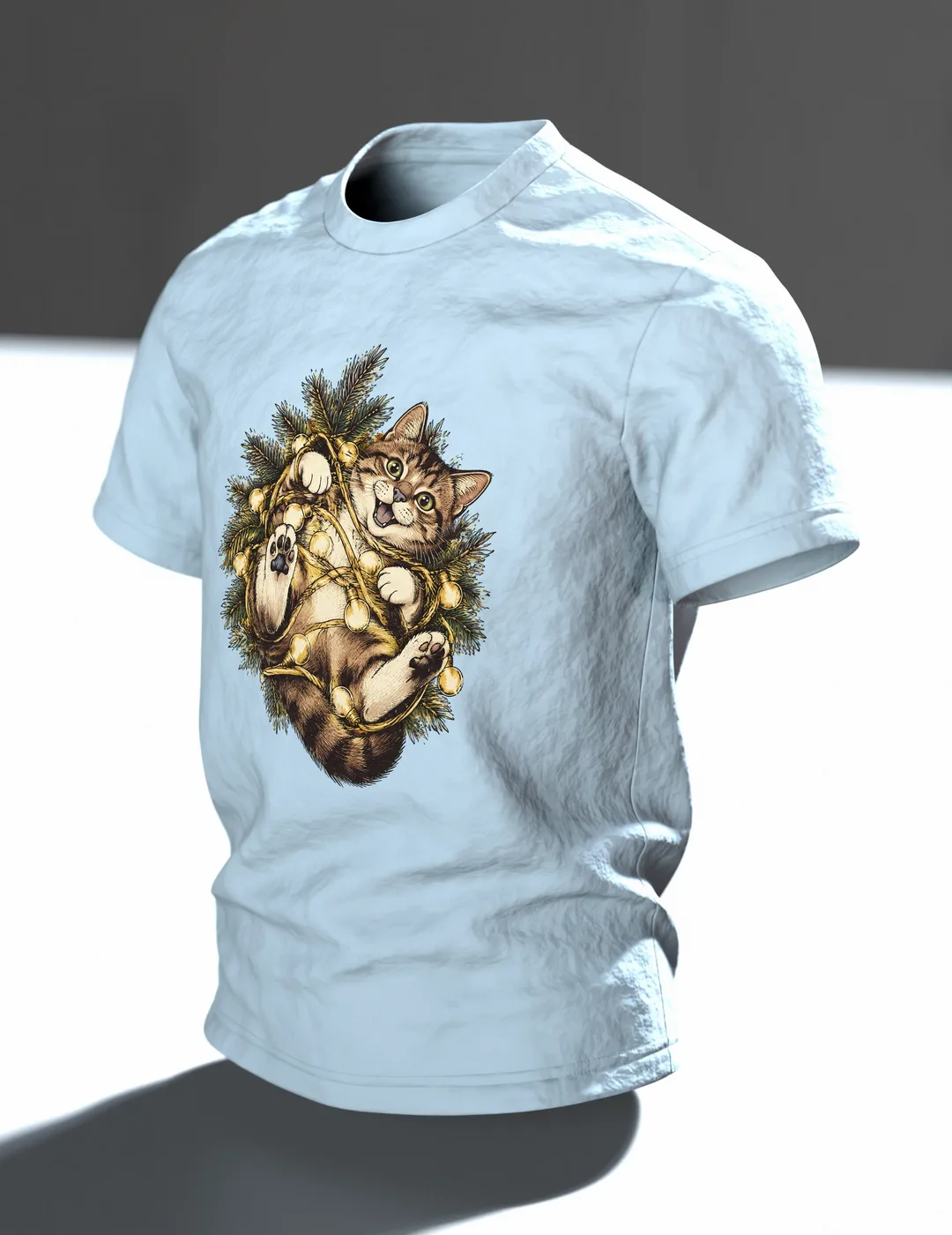 Katze in der Lichterkette T-Shirt, Im Raum, schräg