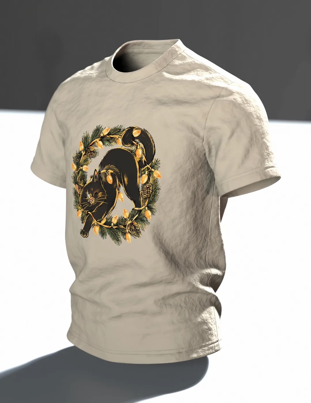 Katze in der Lichterkette T-Shirt, Entwurfsfassung, Im Raum, schräg